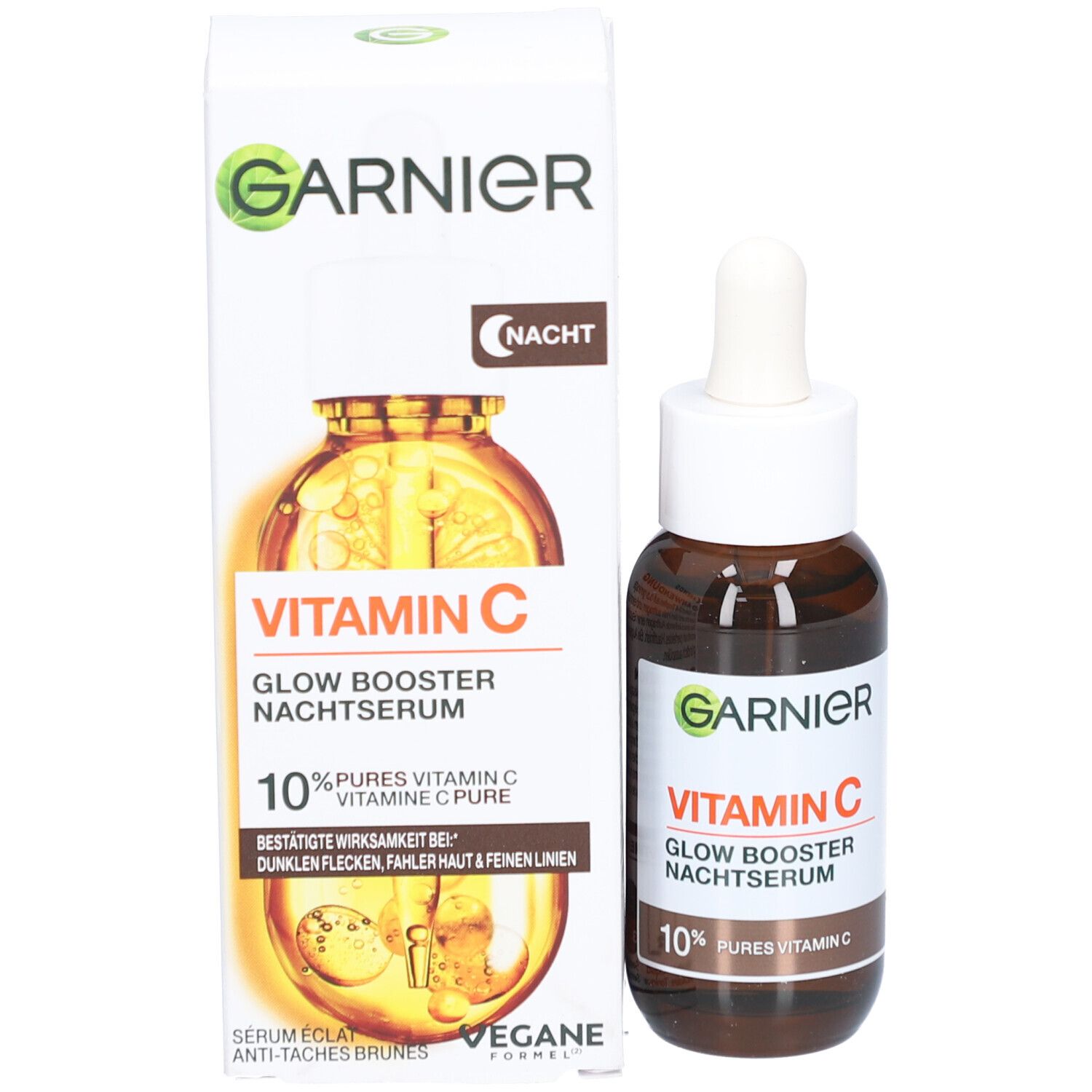 Flacon et emballage du produit. Flacon avec pipette, emballage avec nom du produit et indication de contenu. Marque Garnier visible.