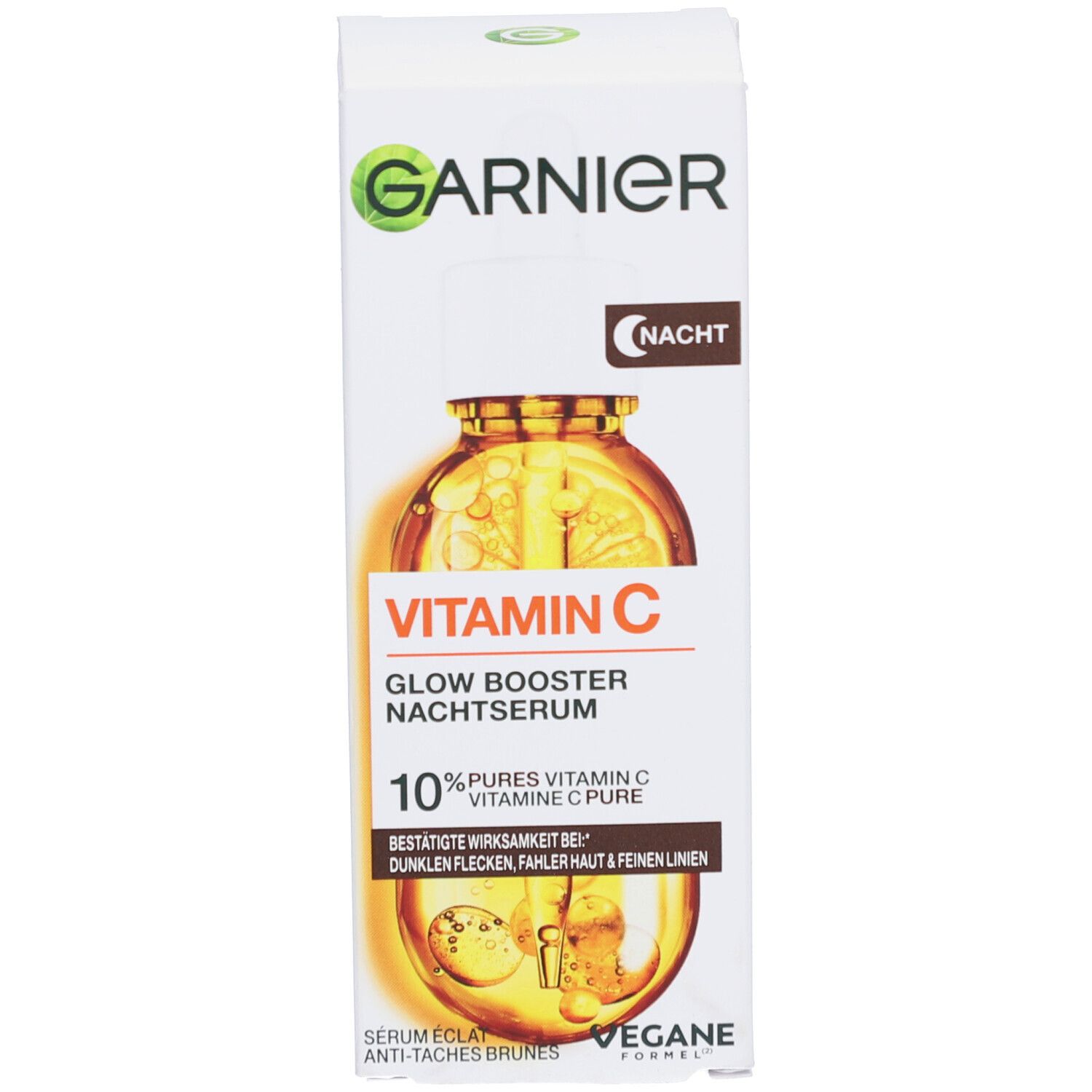 Emballage du produit avec nom du produit et indication de contenu. Marque Garnier visible. Un flacon avec pipette est représenté.