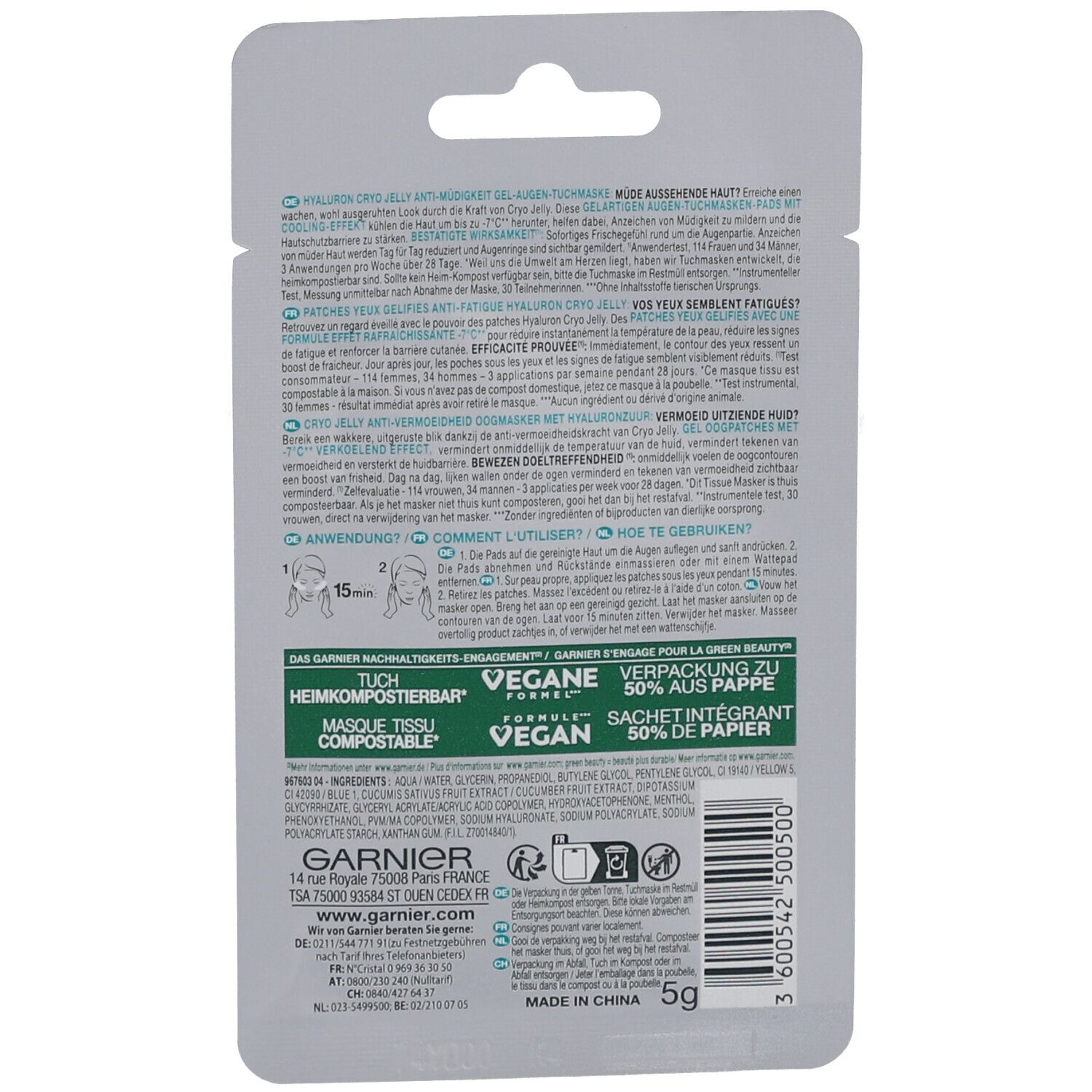 Dos de l'emballage. Texte : Garnier, vegan, 50% papier. Instructions d'utilisation et ingrédients.