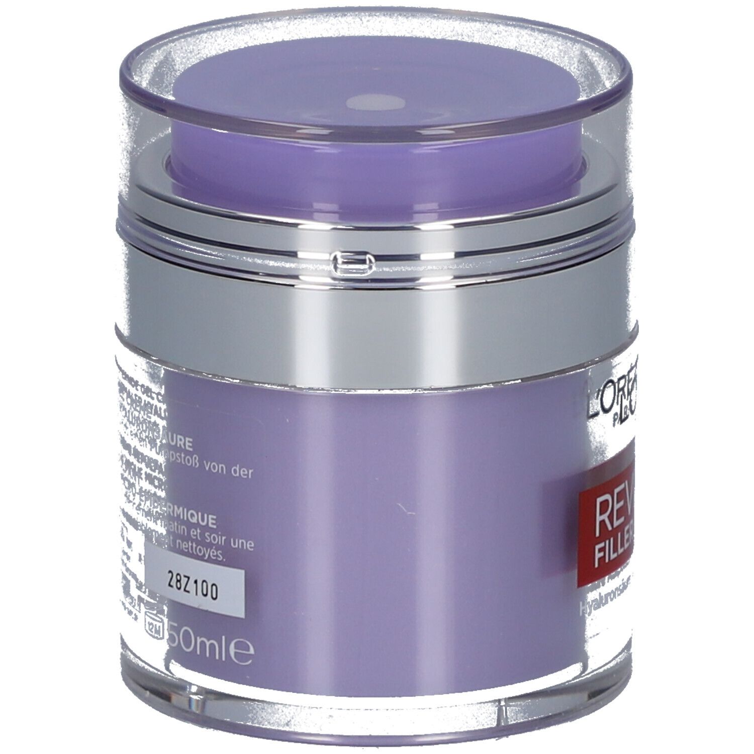 L'Oréal Revitalift Filler Creme. Rückseite des Tiegels mit Text. 50ml. Code 28Z100.