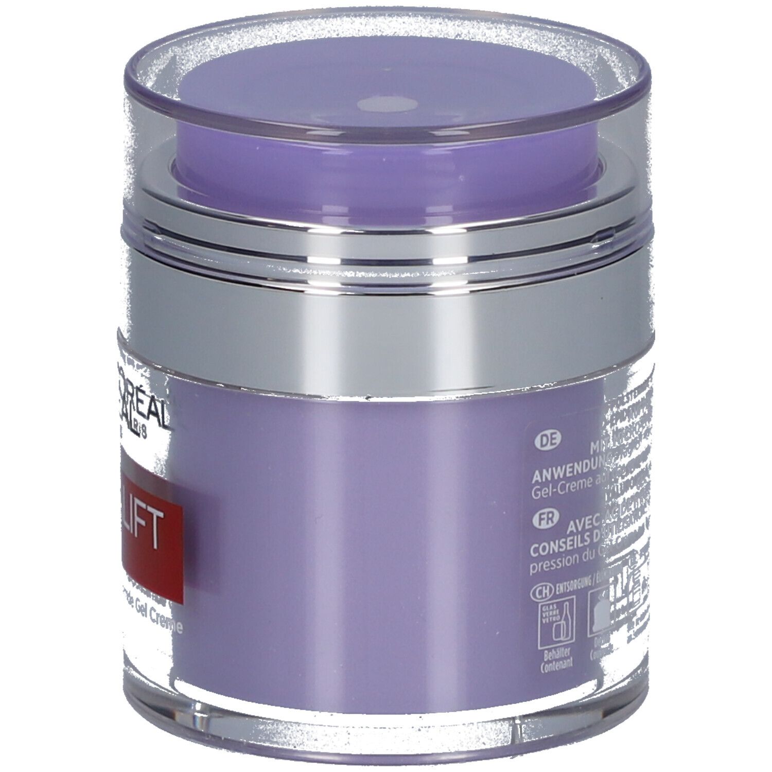 L'Oréal Revitalift Filler Creme. Seitenansicht des Tiegels. Lila Creme. Silberner Deckel.