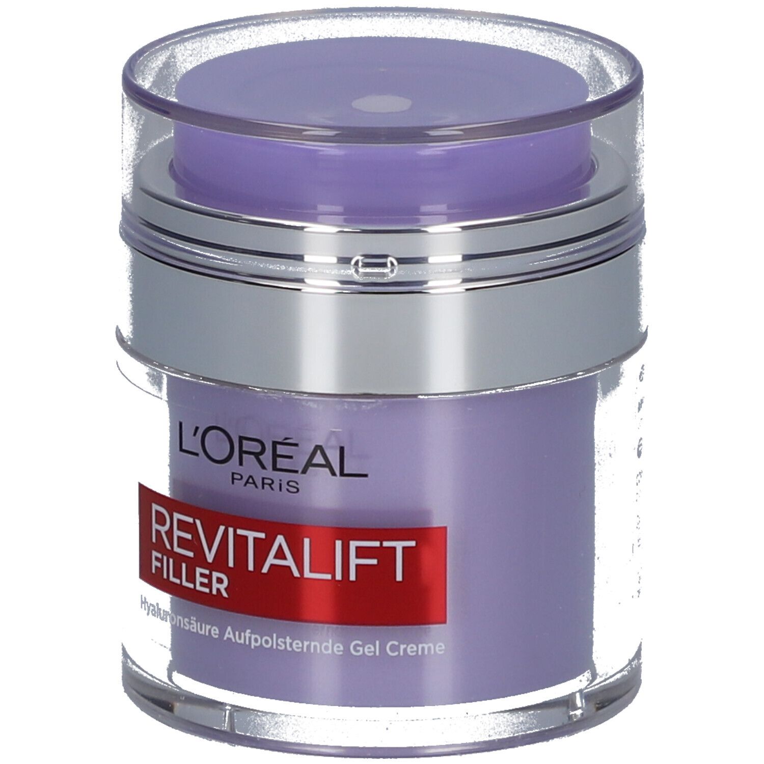 L'Oréal Revitalift Filler Creme. Vorderansicht des Tiegels. Roter Aufkleber mit Produktnamen.