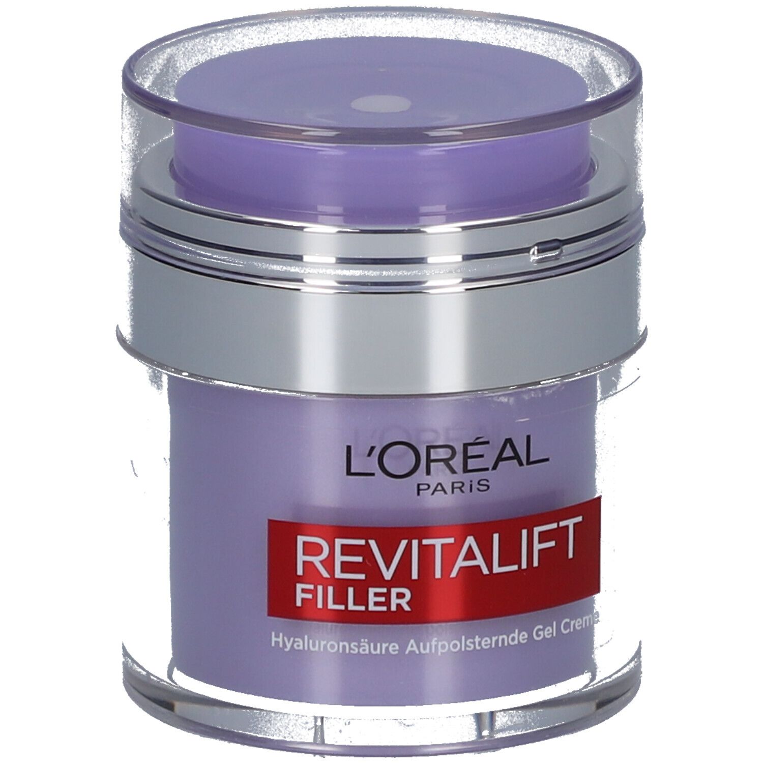 L'Oréal Revitalift Filler Creme. Vorderansicht des Tiegels. Roter Aufkleber mit Produktnamen.