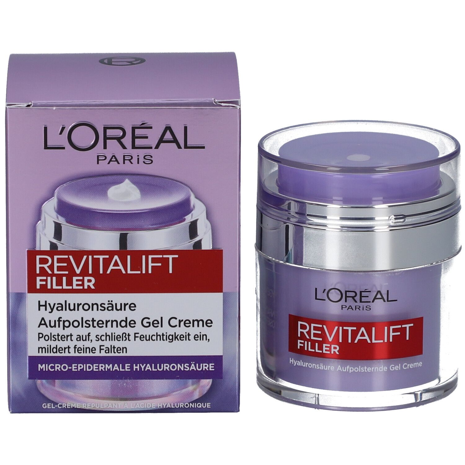 L'Oréal Revitalift Filler Creme und Verpackung. Lila Verpackung mit Produktnamen und Text.