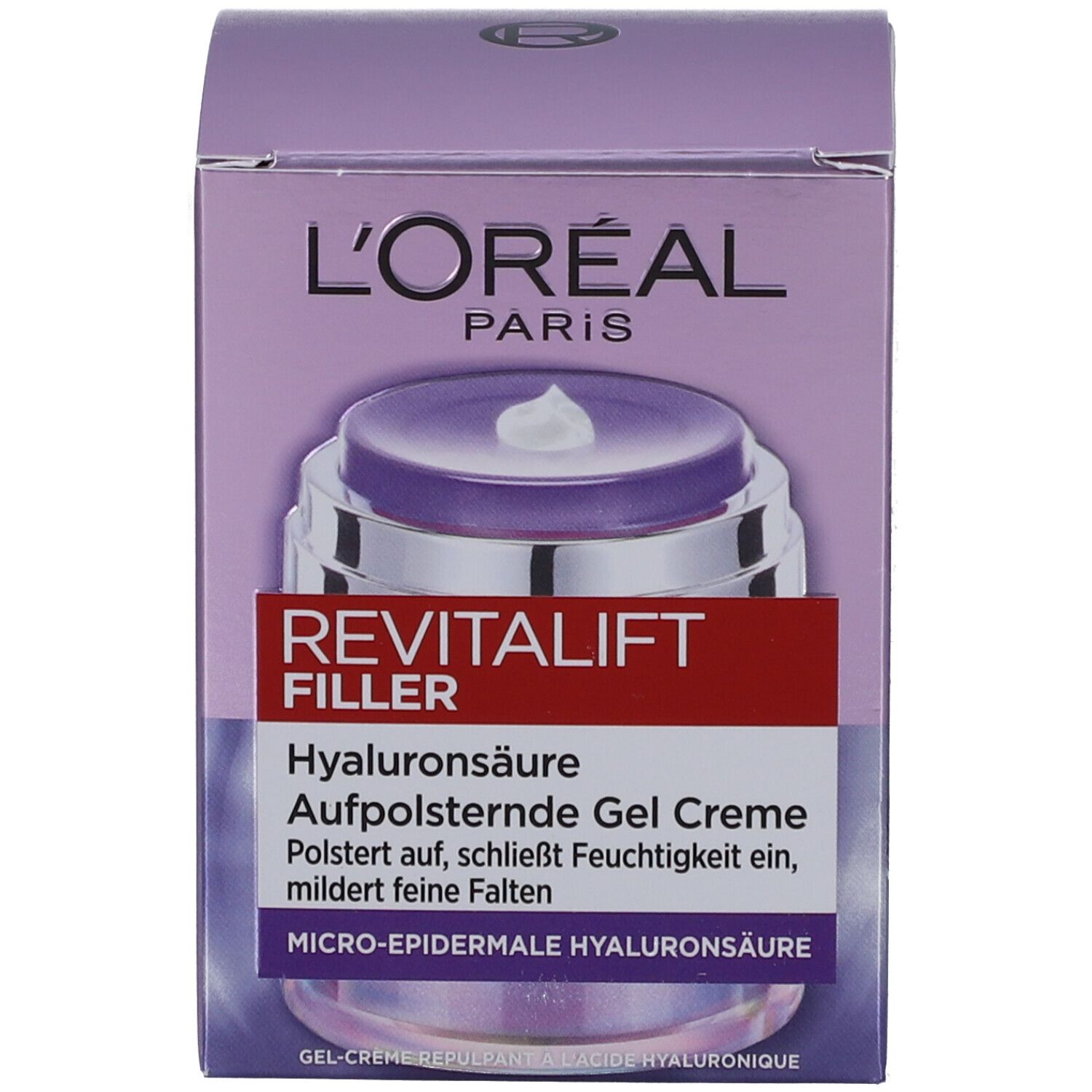 L'Oréal Revitalift Filler Creme Verpackung. Lila Verpackung mit Produktnamen und Text.
