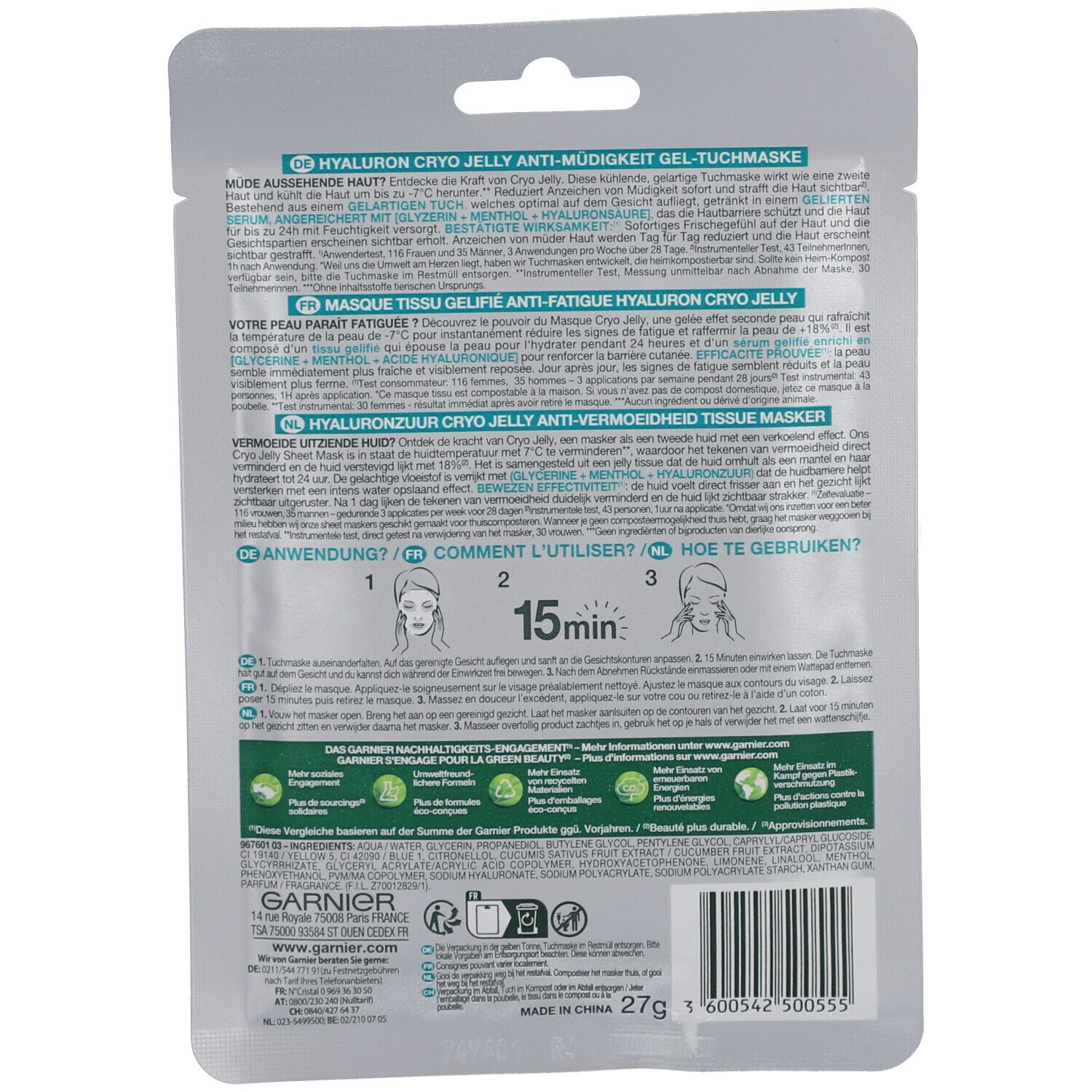 Rückseite der Garnier Hyaluron Cryo Jelly Tuchmaske. Text, Anwendungsanleitung und Barcode.
