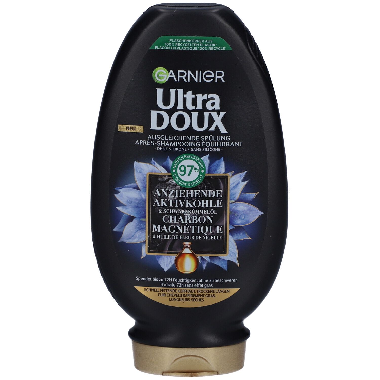 Flacon noir de GARNIER Ultra Doux. Contient du charbon magnétique. Texte et motif floral sur le devant.