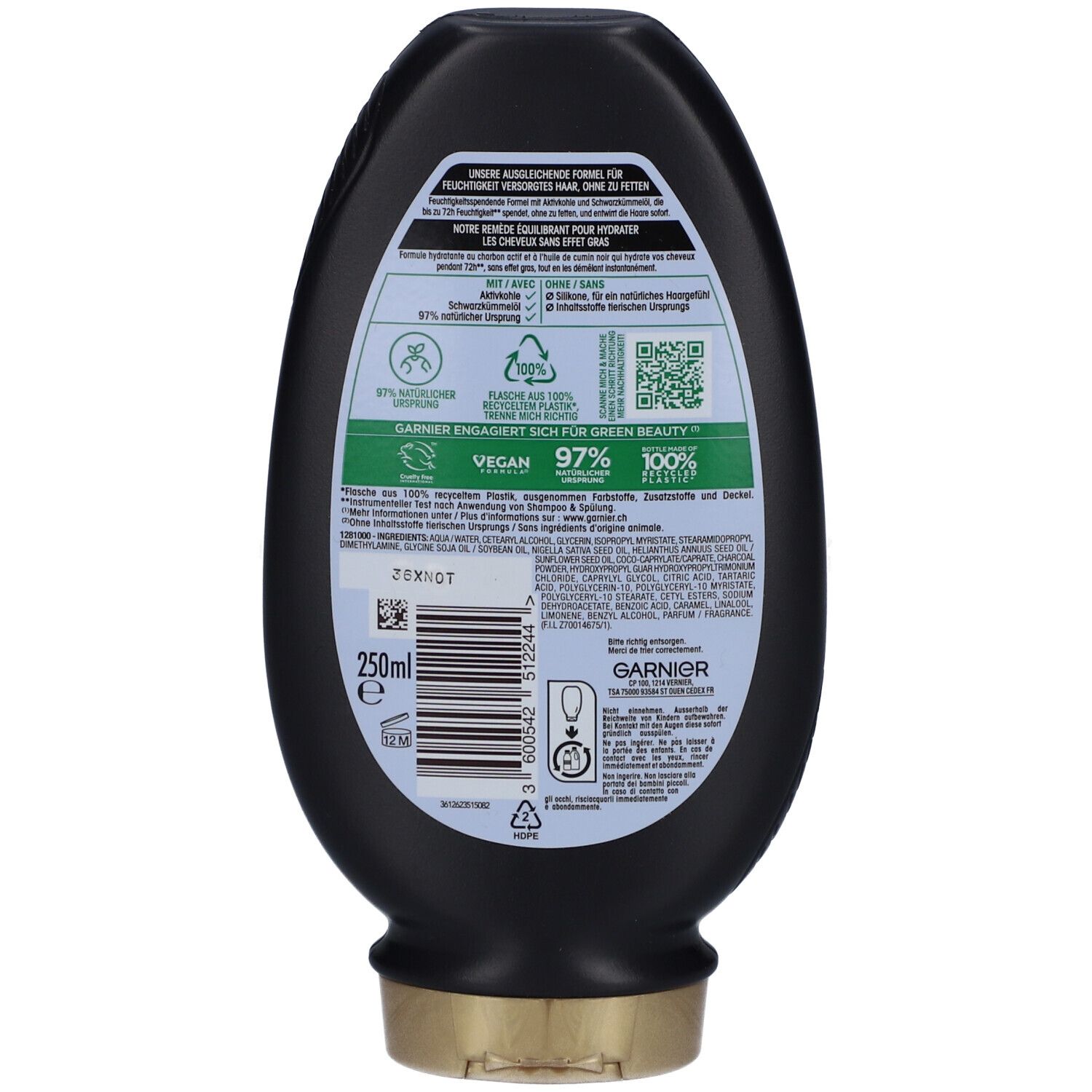 Dos du flacon noir GARNIER Ultra Doux. Texte, code QR, ingrédients et informations sur le développement durable.