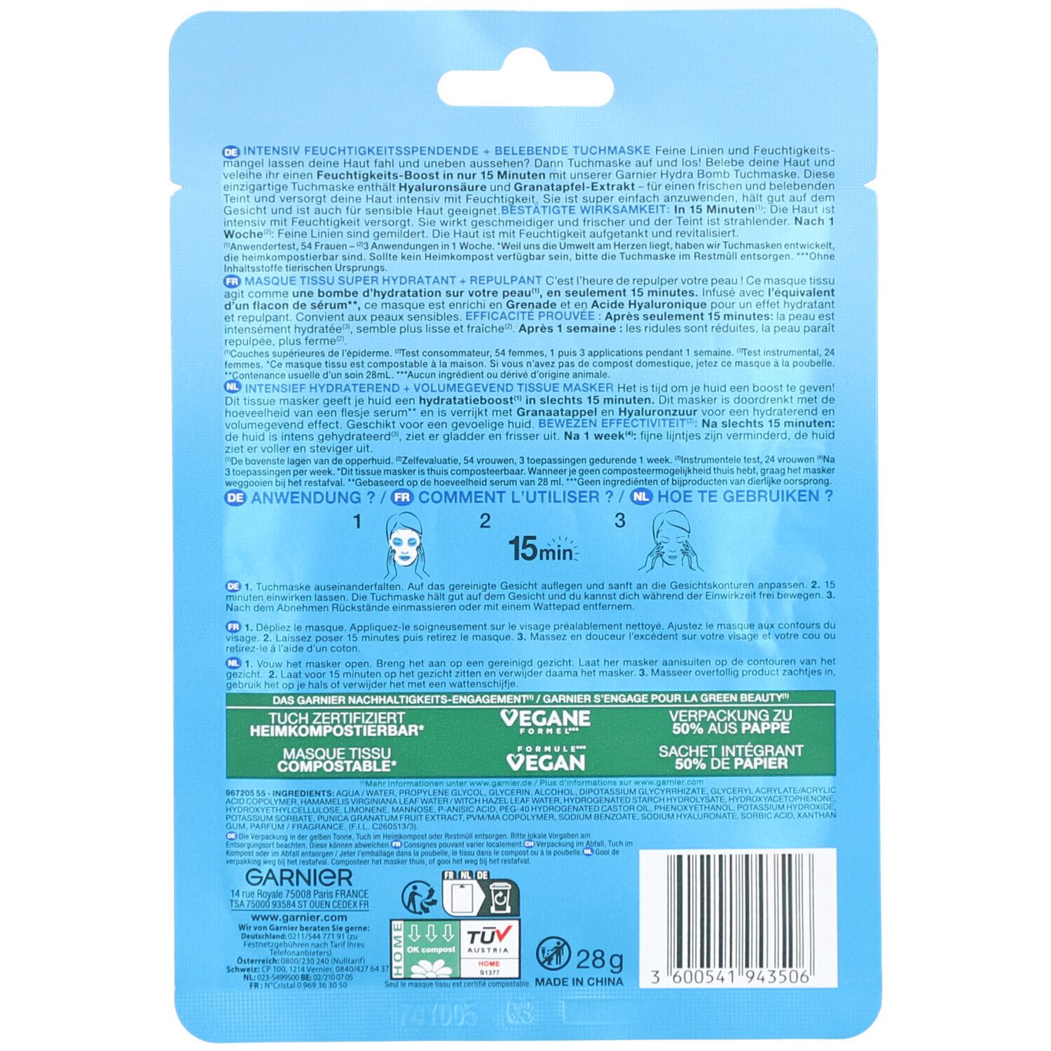 GARNIER Hydra Bomb Masque Tissu Hydratant & Repulpant
