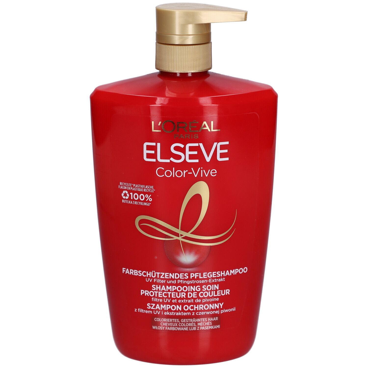 Rote Shampoo-Flasche mit goldfarbenem Pumpkopf. L'Oréal Paris Elseve Color-Vive Shampoo-Etikett.