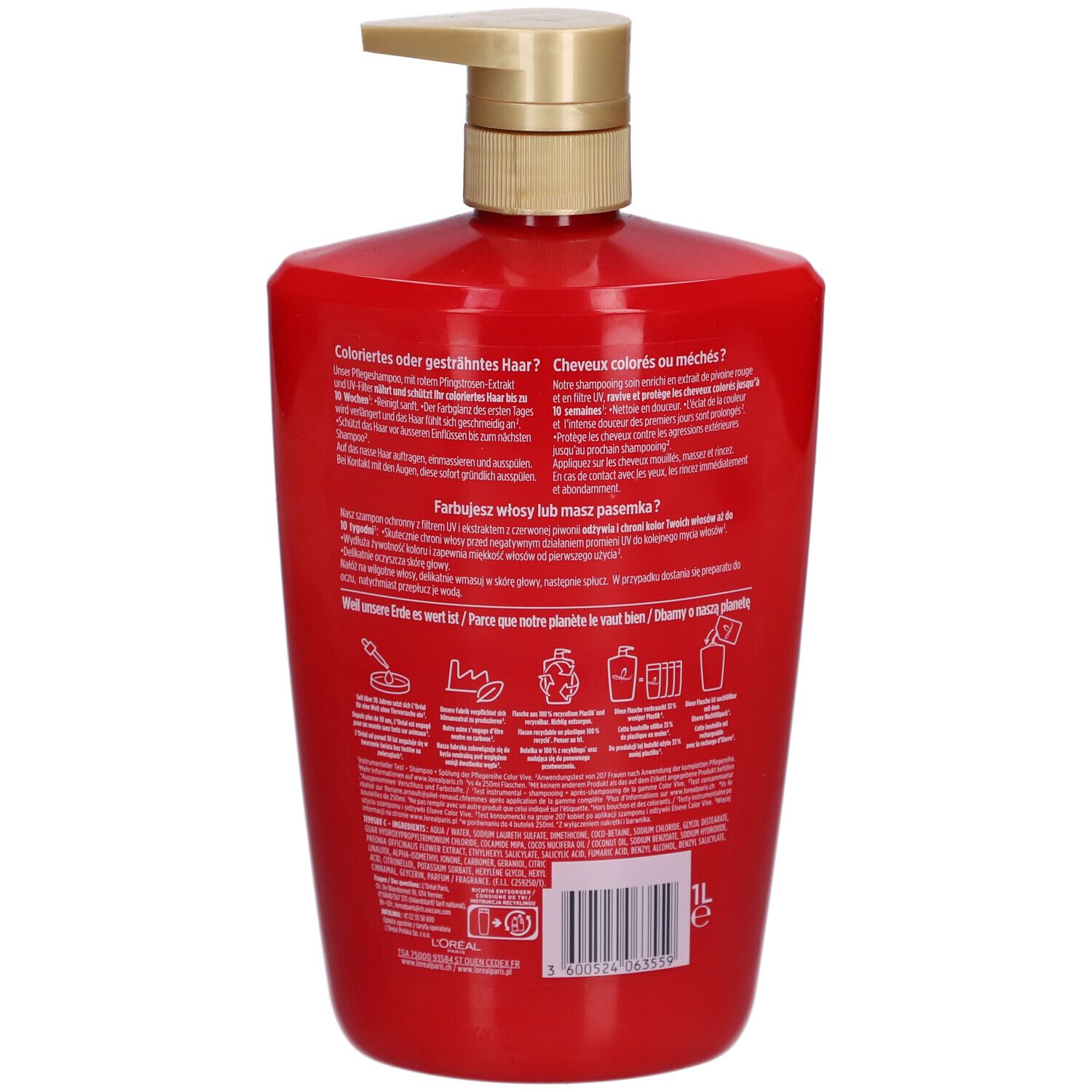 Rote Shampoo-Flasche, Rückseite. Text in mehreren Sprachen. Goldfarbener Deckel.