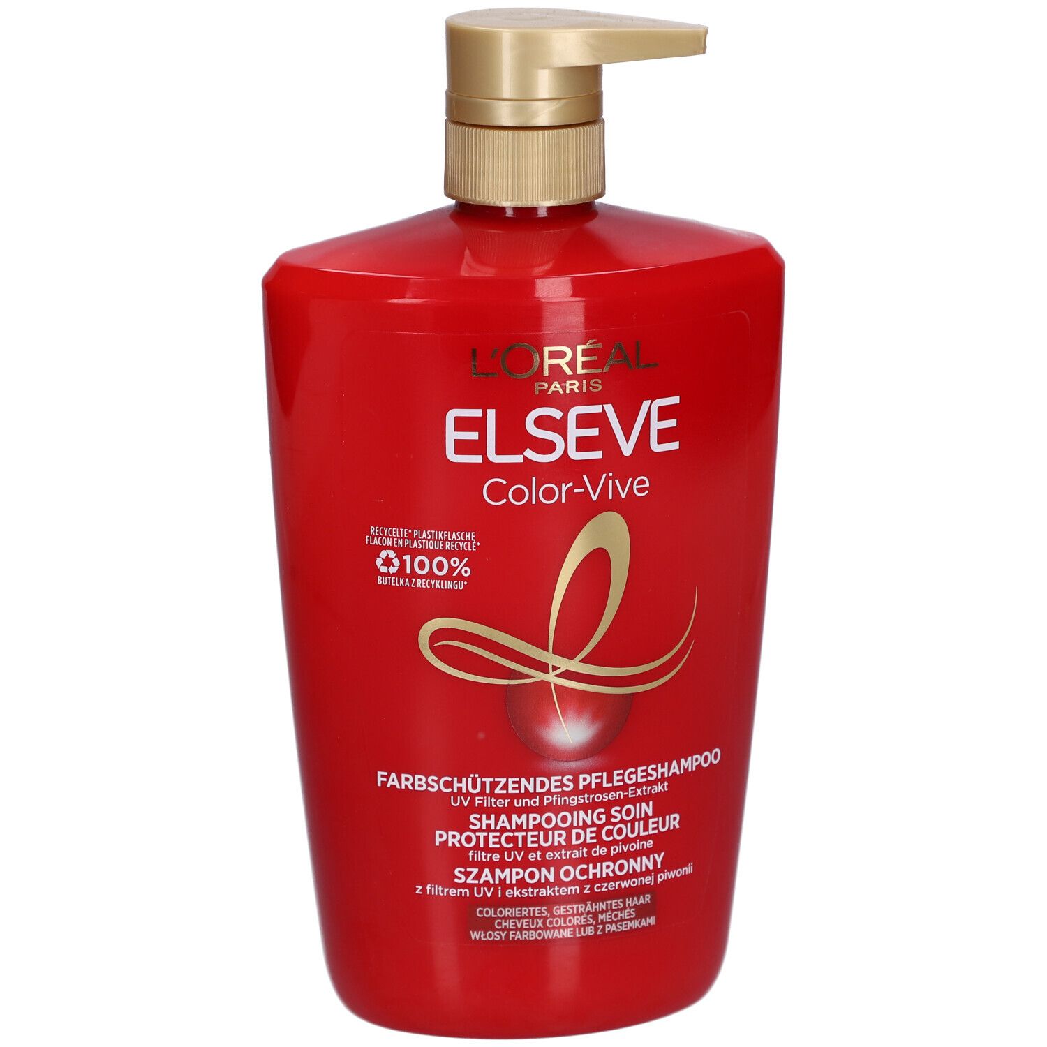 Rote Shampoo-Flasche mit goldfarbenem Pumpkopf. L'Oréal Paris Elseve Color-Vive Shampoo-Etikett.
