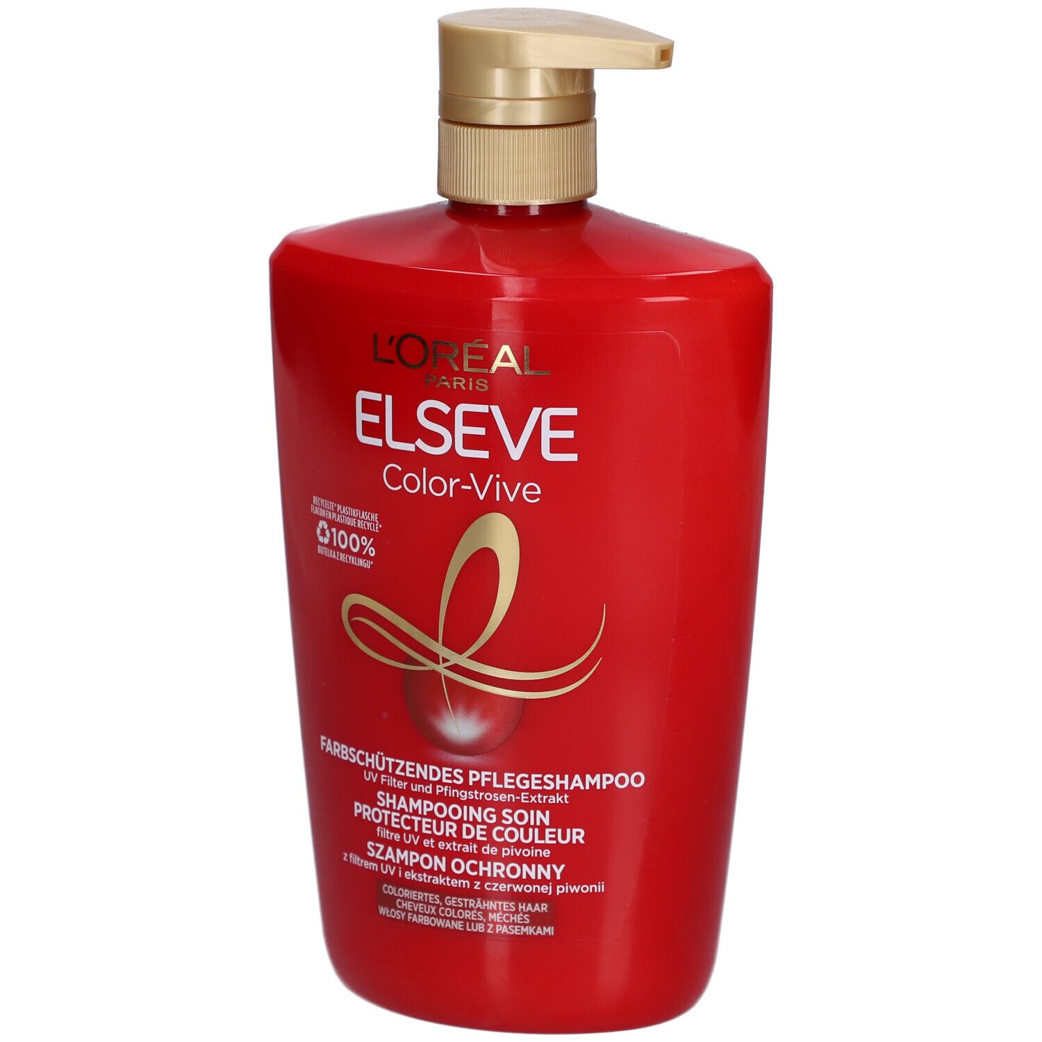 Rote Shampoo-Flasche mit goldfarbenem Pumpkopf. L'Oréal Paris Elseve Color-Vive Shampoo-Etikett.