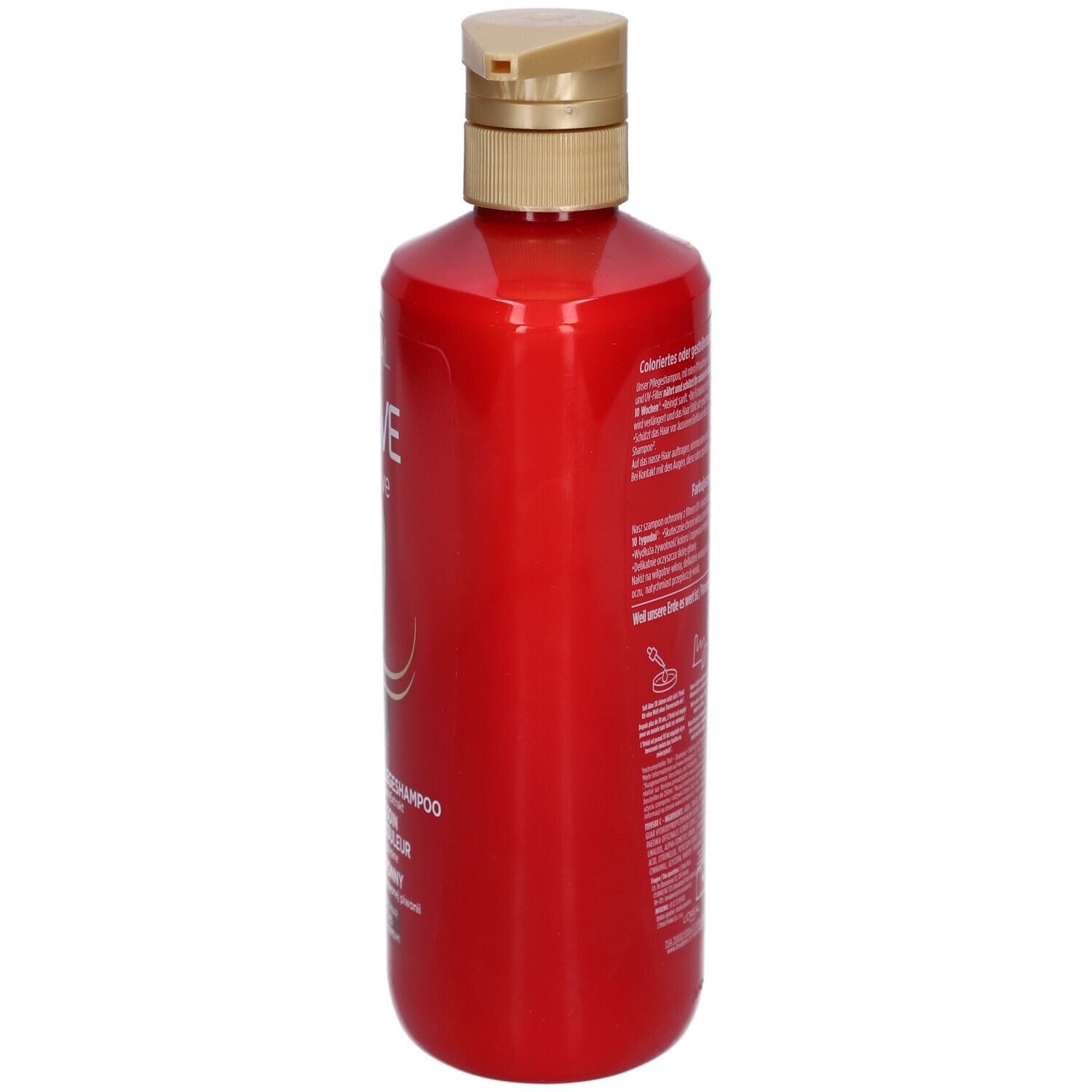 Rote Shampoo-Flasche, Seitenansicht. Goldfarbener Deckel. Text und Logos auf dem Etikett.