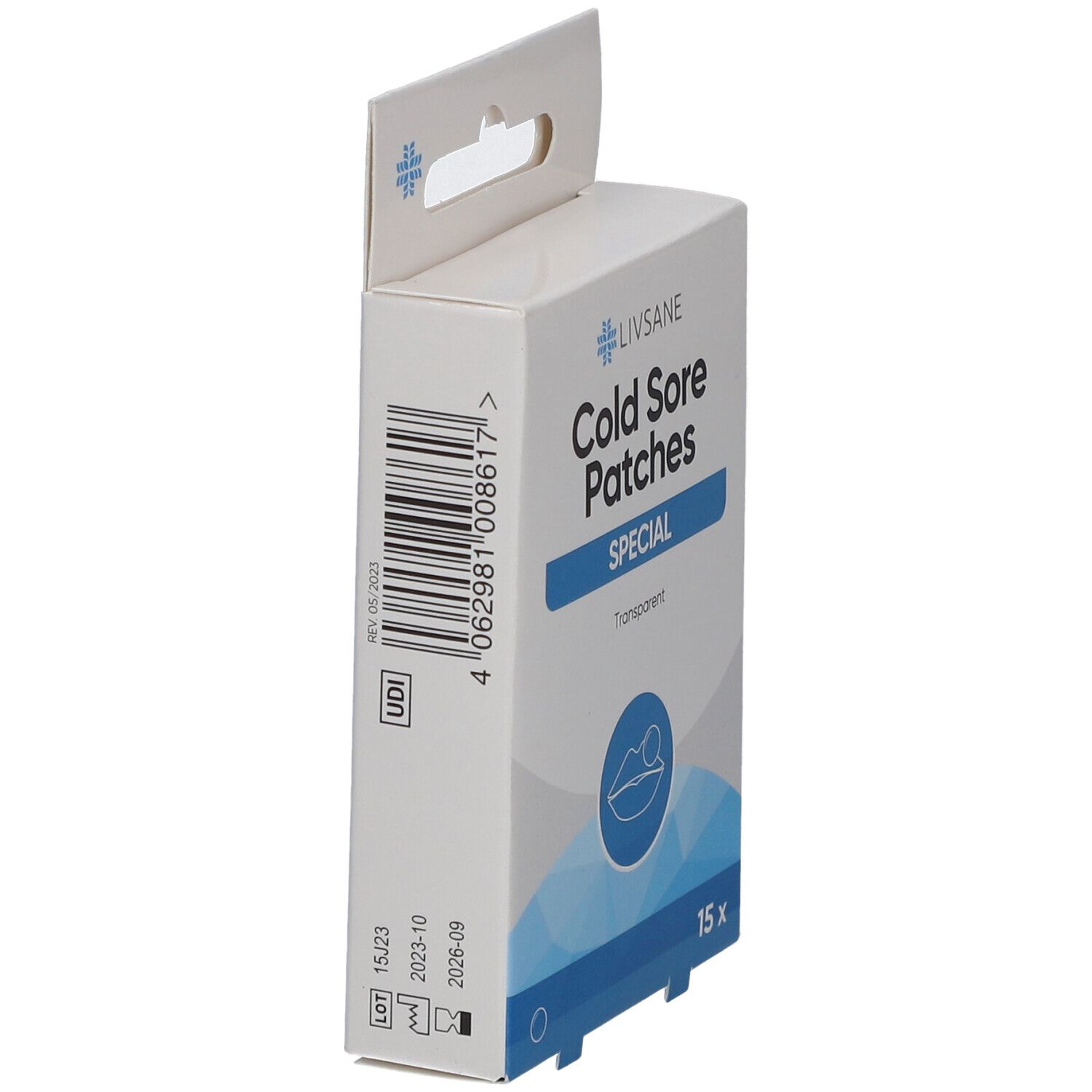 Seitenansicht der LIVSANE Cold Sore Patches-Schachtel. Barcode, UDI-Code, Verfallsdatum. Text: Cold Sore Patches, SPECIAL, transparent.
