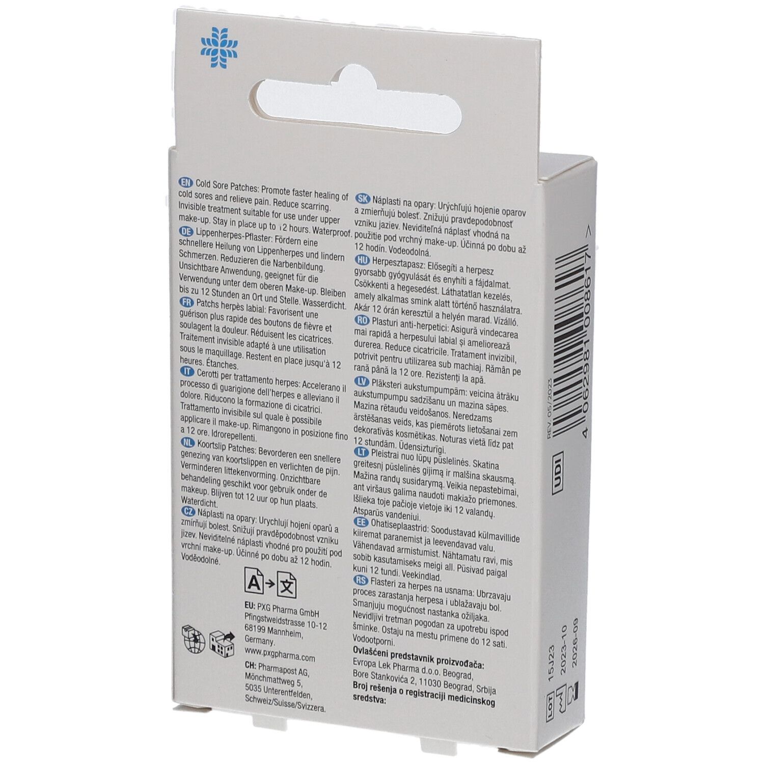 Rückseite der LIVSANE Cold Sore Patches-Schachtel. Mehrsprachiger Text. CE-Kennzeichnung. Herstellerinformationen.