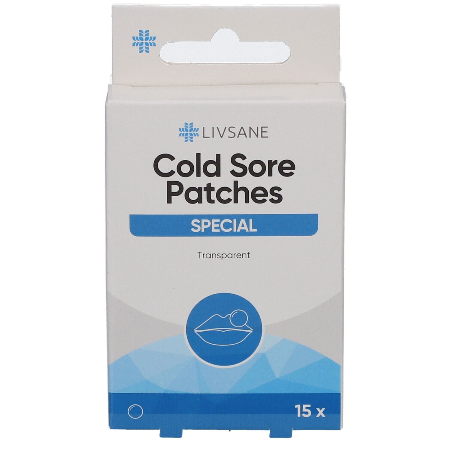 Vorderansicht der LIVSANE Cold Sore Patches-Schachtel. Aufdruck: SPECIAL, transparent, 15 Stück. CE-Kennzeichnung.
