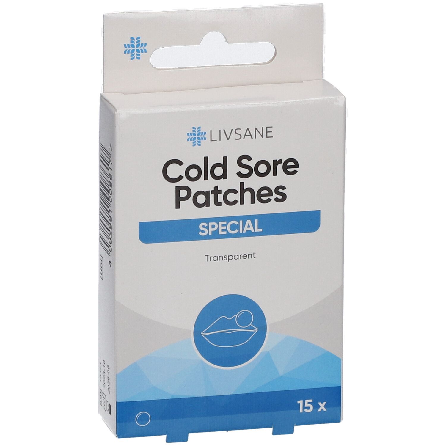Vorderansicht der LIVSANE Cold Sore Patches-Schachtel. Aufdruck: SPECIAL, transparent, 15 Stück. CE-Kennzeichnung.