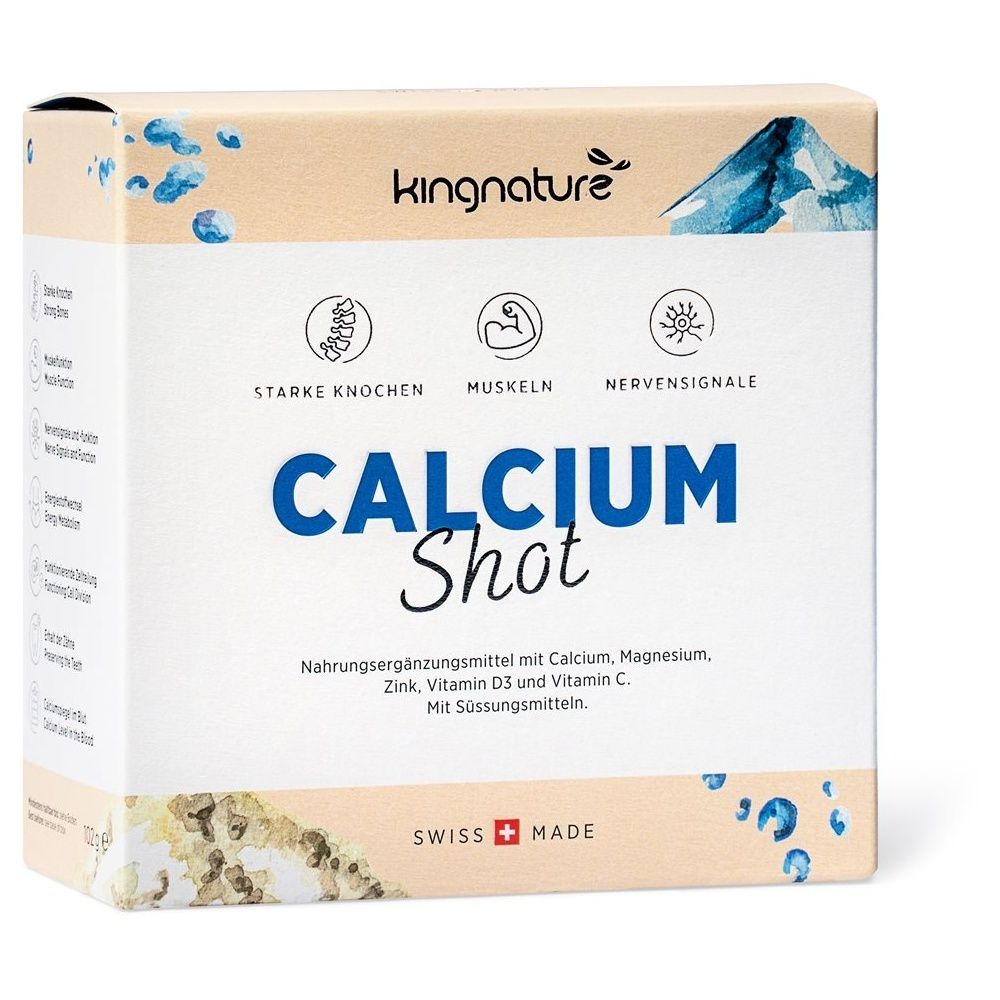 Karton KINGNATURE Kalzium-Spritze. Enthält Calcium, Magnesium, Zink, Vitamin D3 und C. Swiss Made. Illustrationen von Knochen, Muskeln und Nerven.