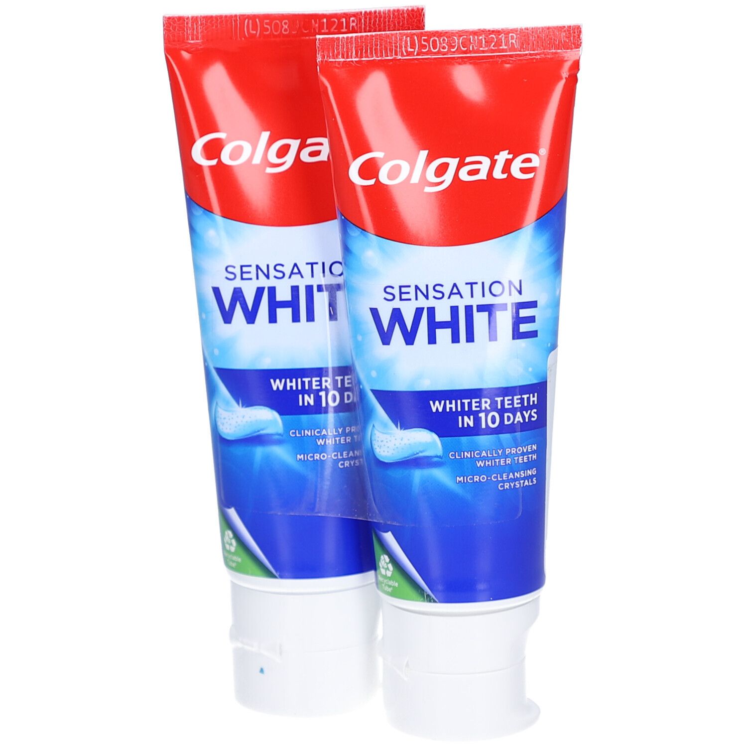 Zwei Tuben Colgate Sensation White. Rote Kappen, blaue Schrift. Aufschrift: Whiter Teeth in 10 Days.
