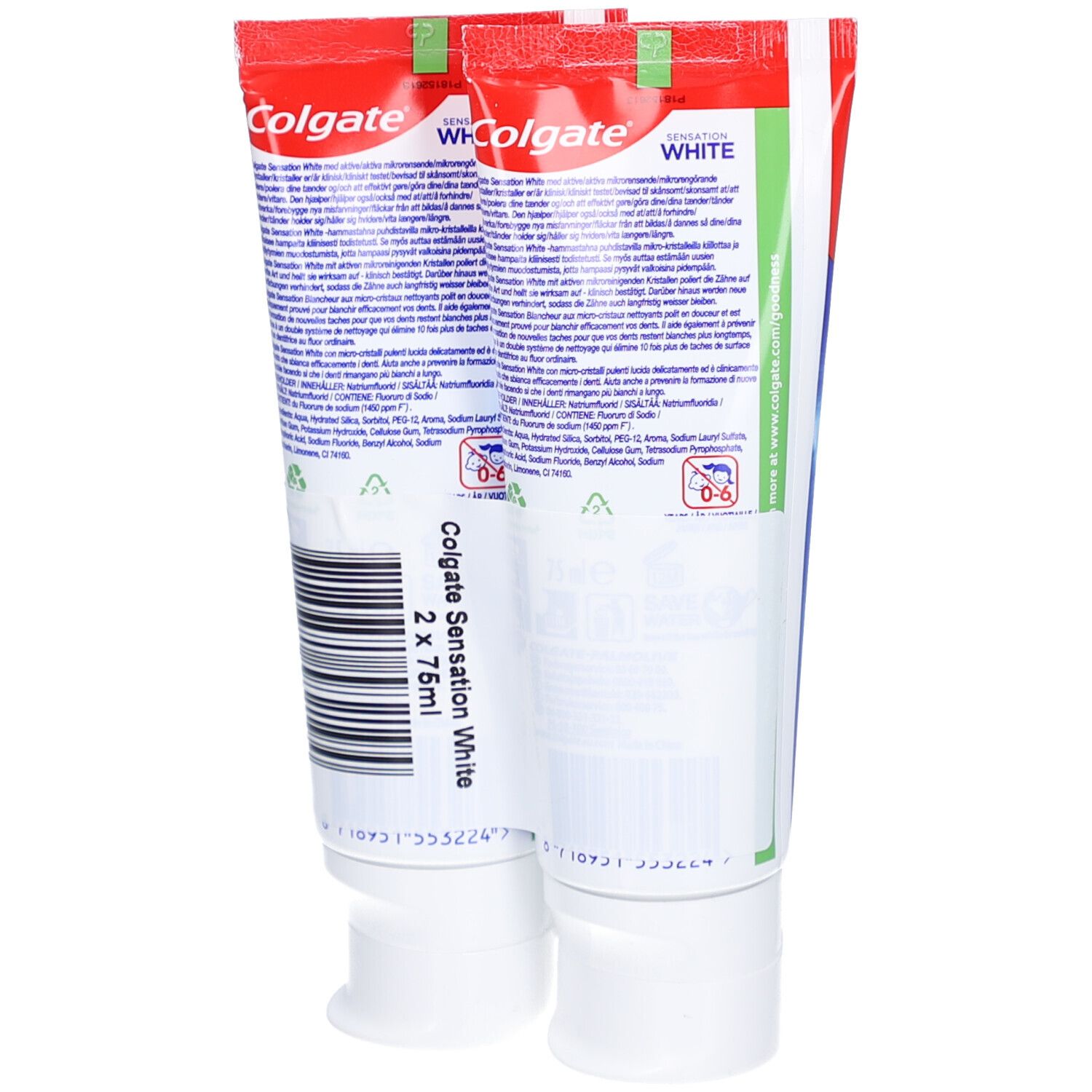Zwei Tuben Colgate Sensation White. Rückseite mit Text. Aufschrift: Colgate Sensation White 2 x 75ml.