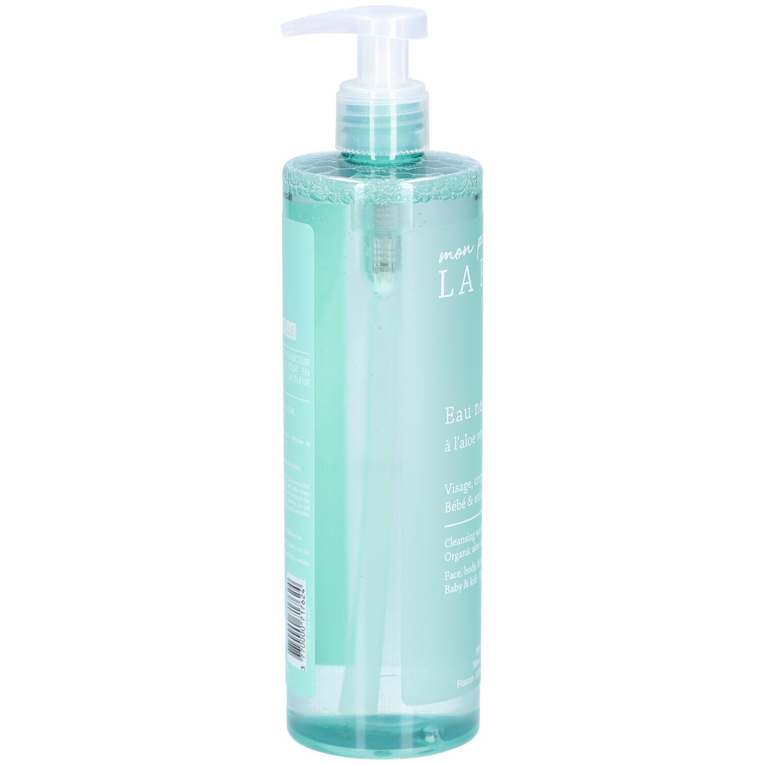 Flacon cylindrique avec liquide turquoise et tête de pompe blanche. Inscription : LA ROSÉE, Eau nettoyante.