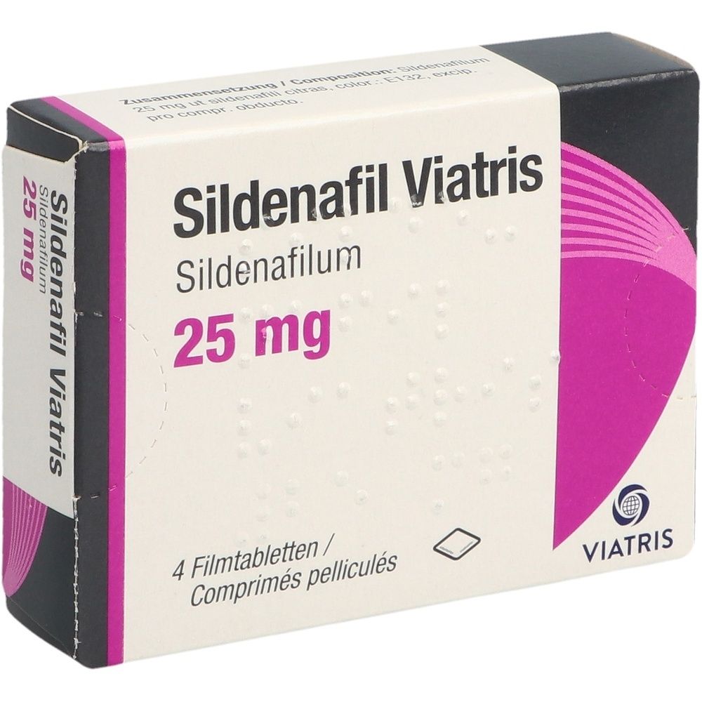 Boîte de Sildenafil Viatris 25 mg, 4 comprimés pelliculés. Logo Viatris.