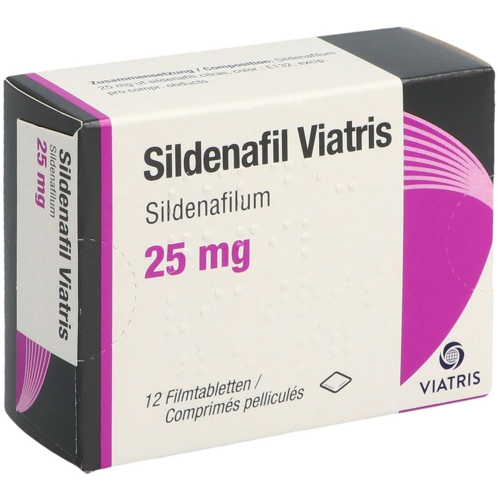 Verpackung von Sildenafil Viatris. Aufschrift: Sildenafil Viatris, 25 mg, 12 Filmtabletten. Logo von Viatris.