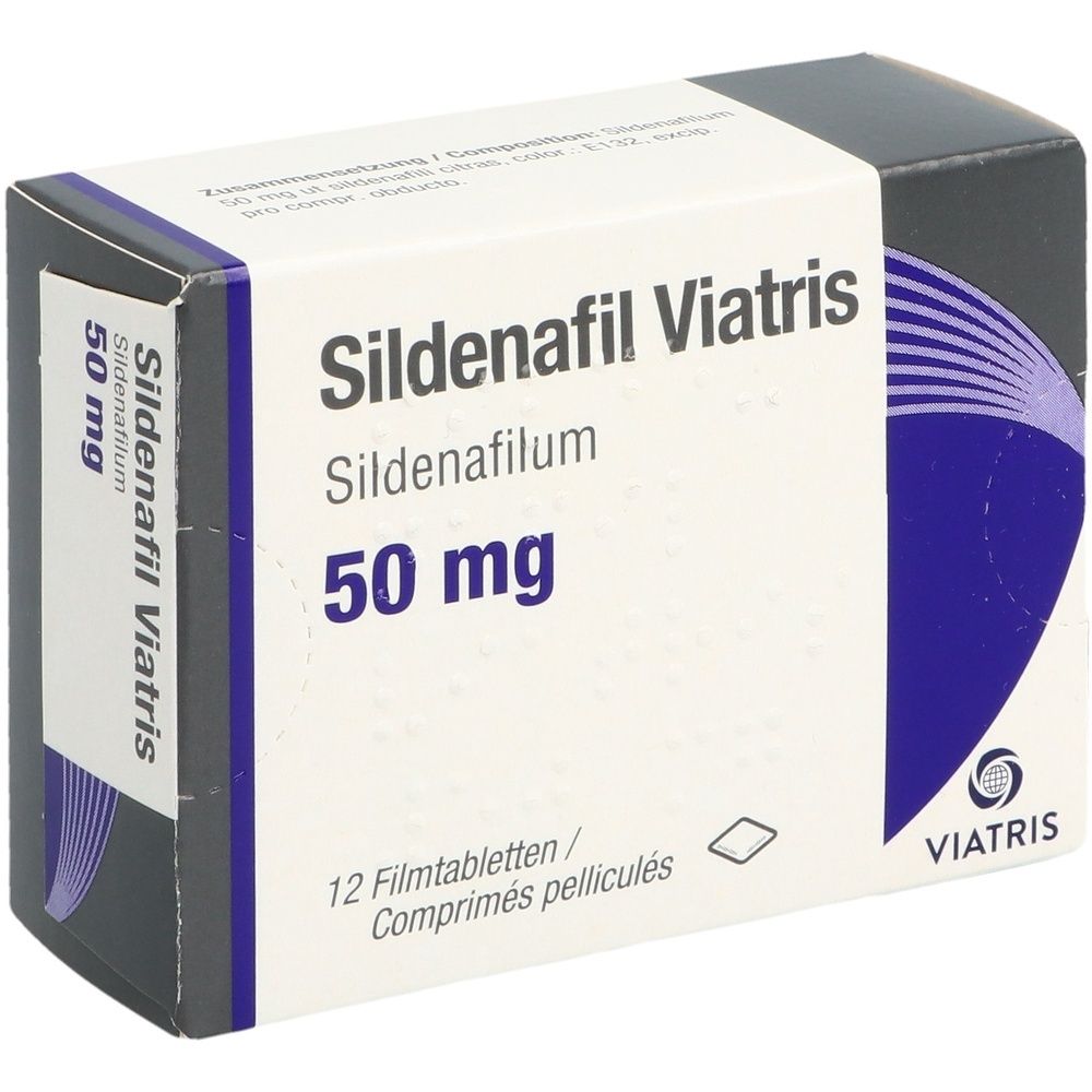 Schachtel mit Sildenafil Viatris. Aufschrift: Sildenafilum, 50 mg, 12 Filmtabletten. Viatris Logo.