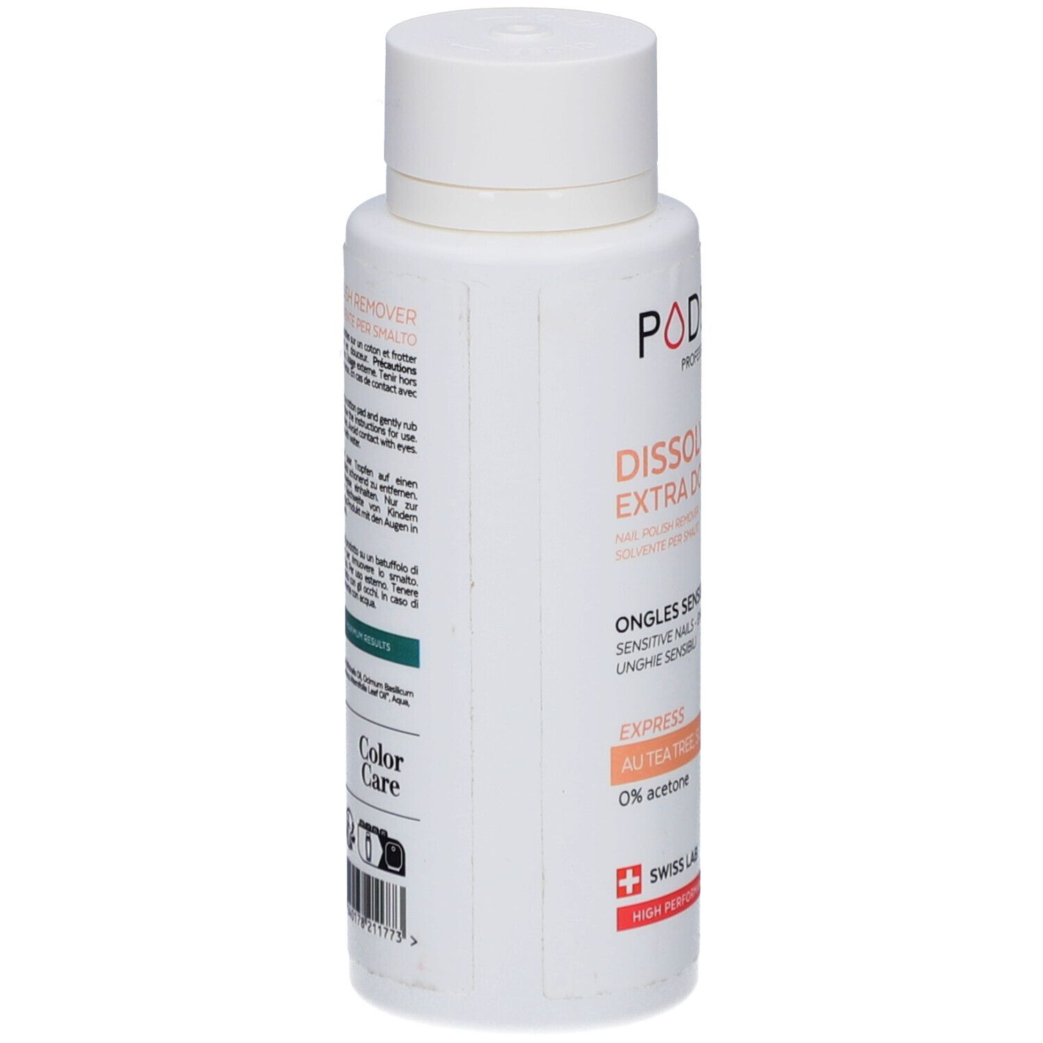 Weiße Flasche, Seitenansicht. Etikett mit Produktinformationen. Aufschrift: PODERM, Dissolvant Extra Doux, Ongles Sensibles.