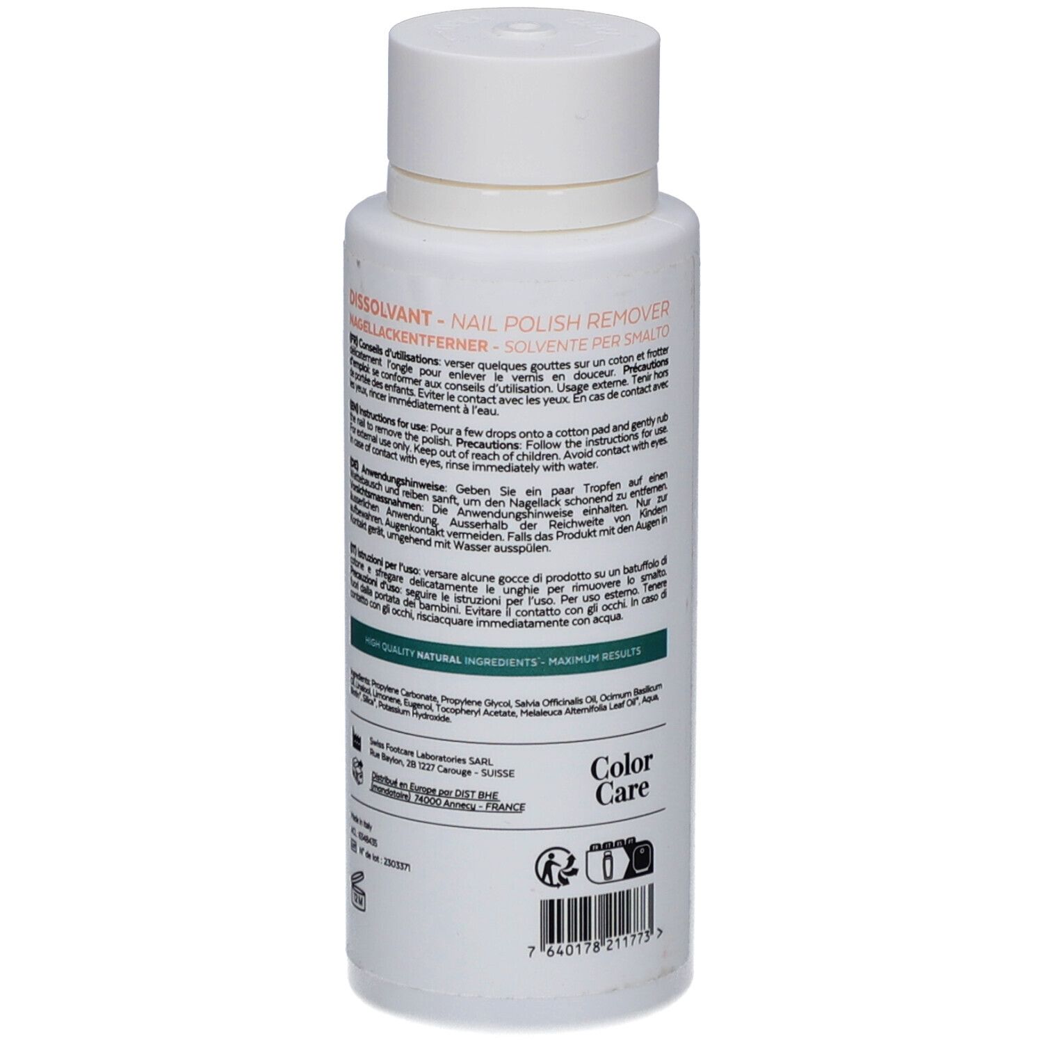 Rückseite der weißen Flasche. Etikett mit Produktinformationen. Aufschrift: Dissolvant - Nail Polish Remover.