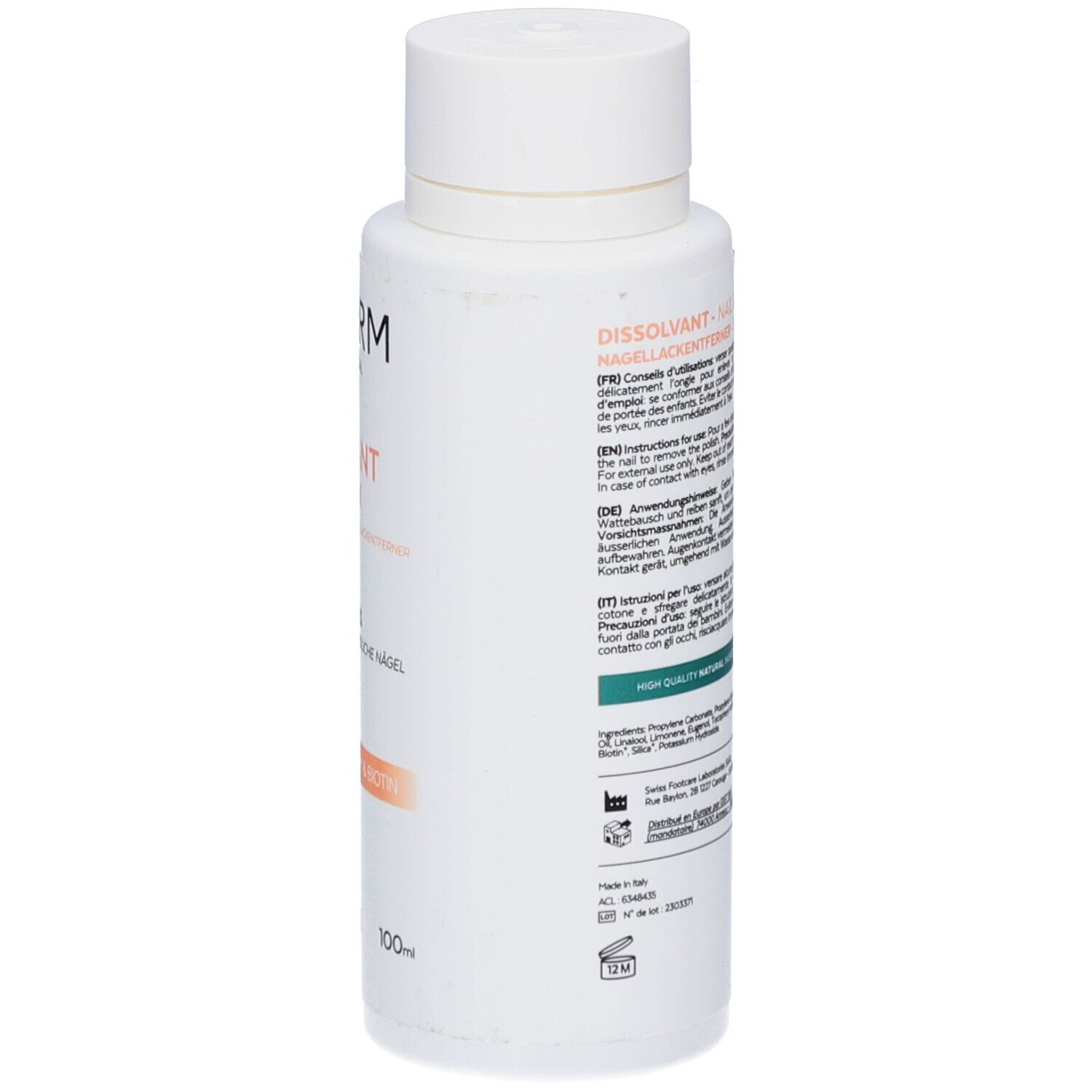 Weiße Flasche, Seitenansicht. Etikett mit Produktinformationen. Aufschrift: Dissolvant - Nail Polish Remover.