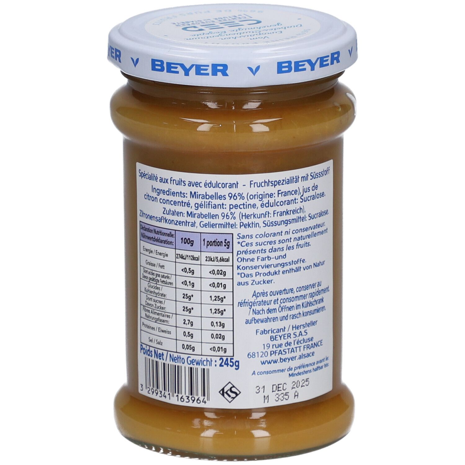 BEYER Fruits à tartiner 96% de Mirabelles