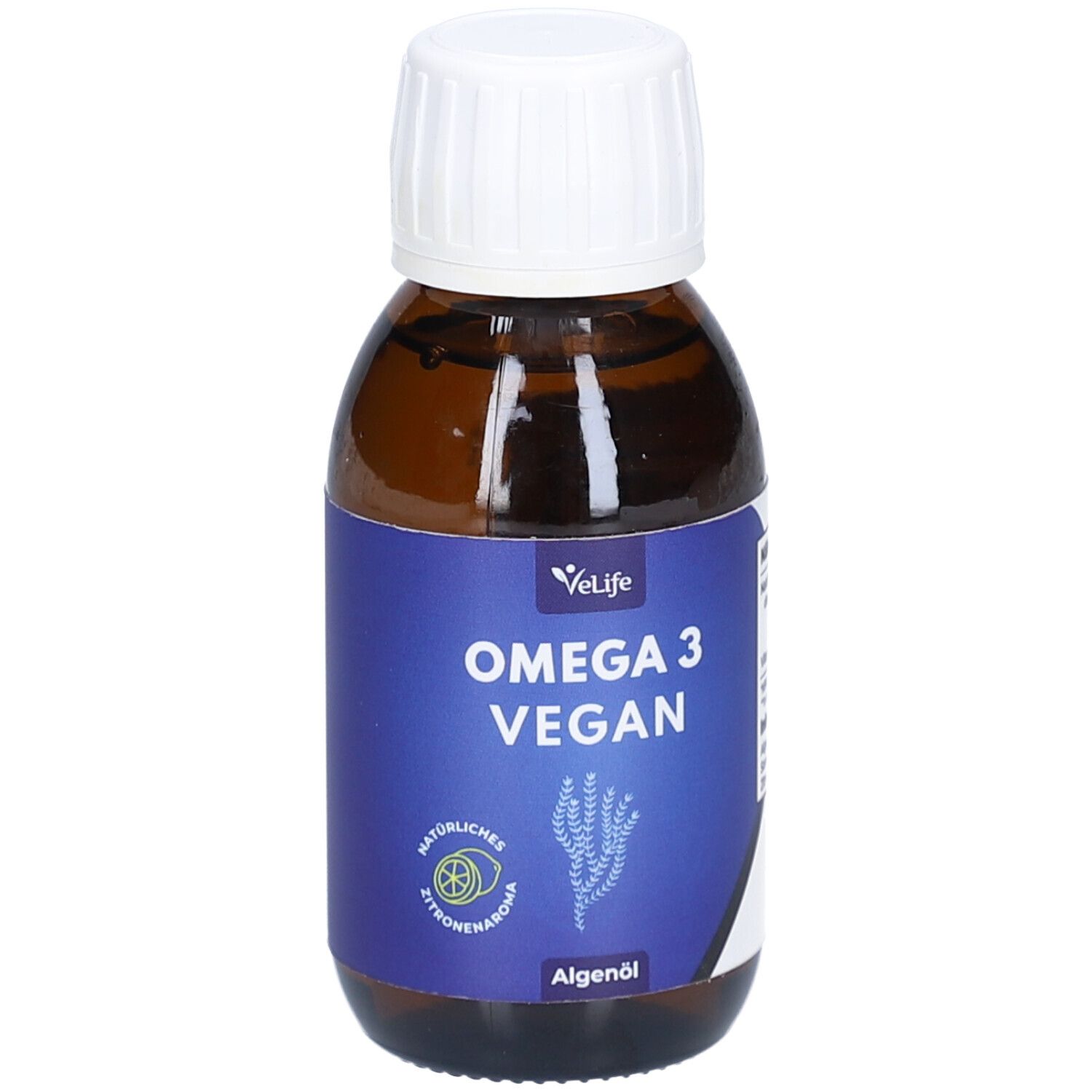 Braune Glasflasche mit weißem Deckel. Blaues Etikett mit "VeLife Omega 3 Vegan". Zitronenaroma.