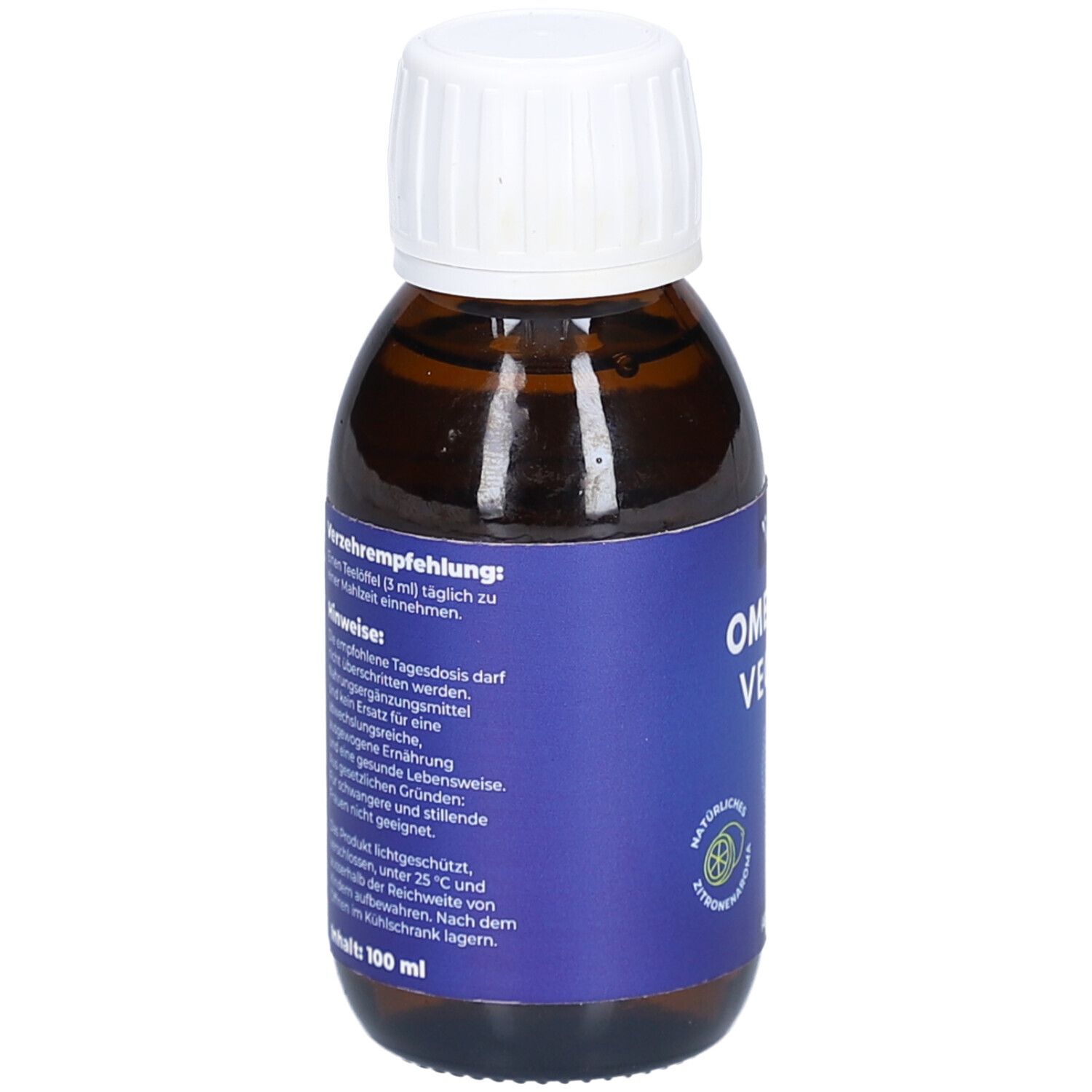 Braune Glasflasche mit weißem Deckel. Blaues Etikett mit Text. Enthält Dosierungsempfehlung und Hinweise.