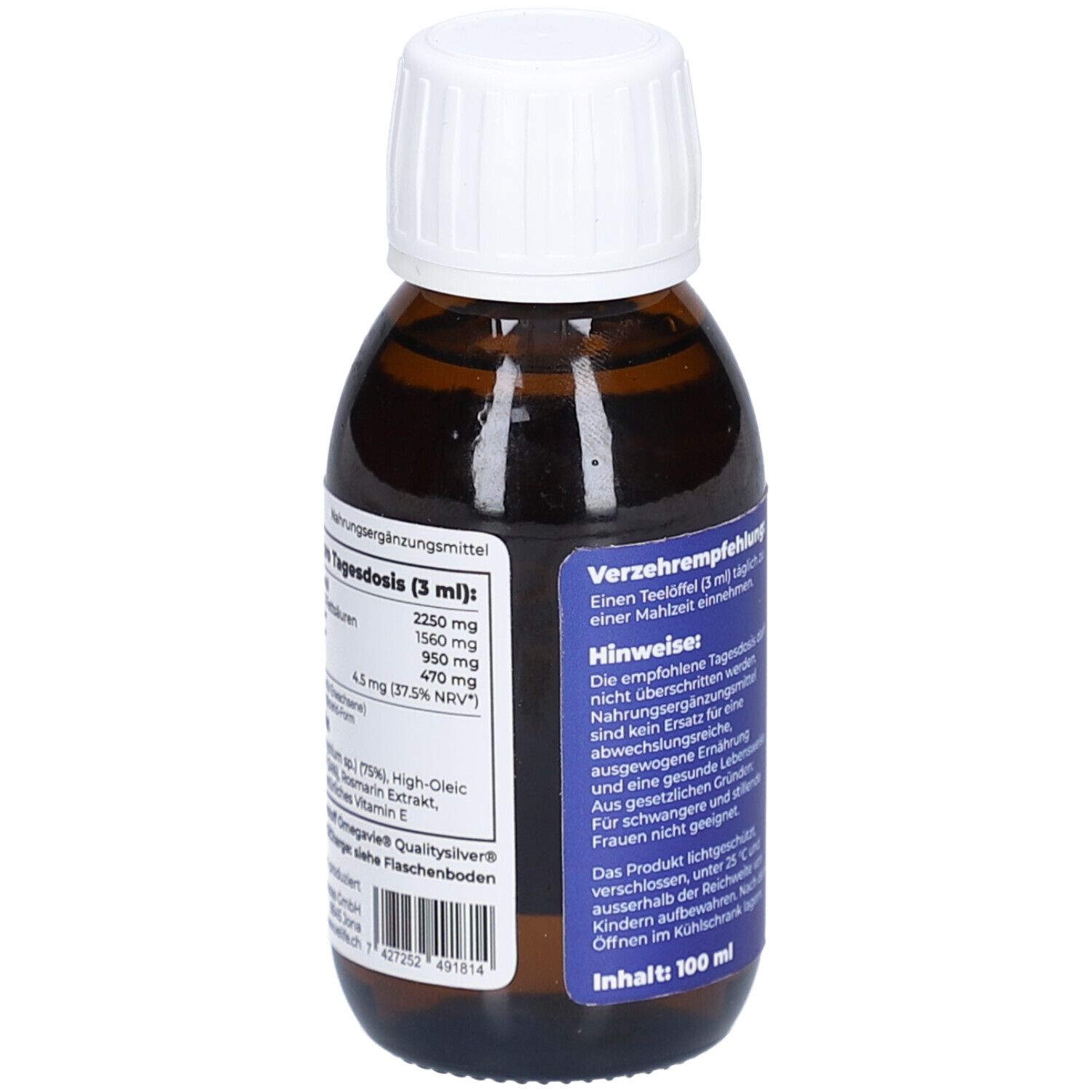 Braune Glasflasche mit weißem Deckel. Blaues Etikett mit Nährwertangaben und Verzehrempfehlung.