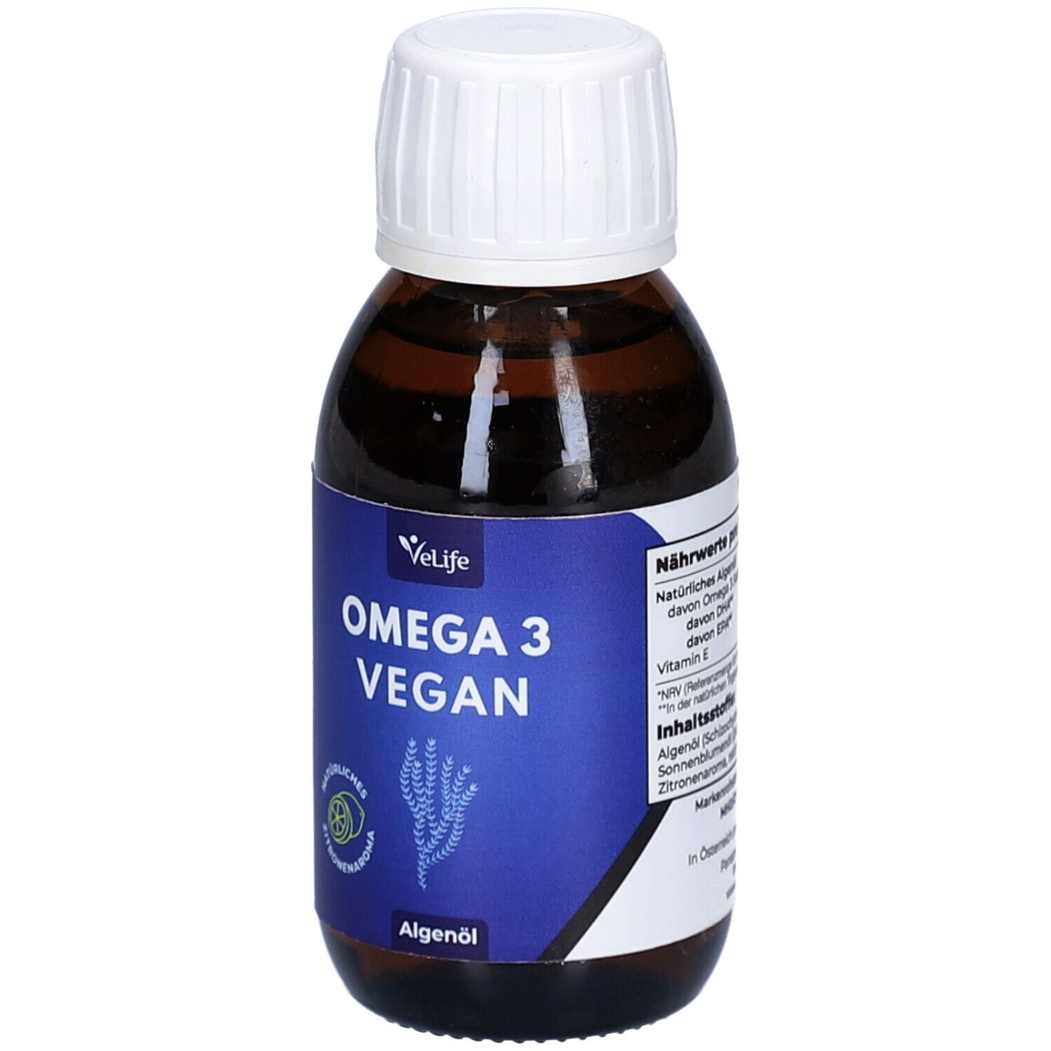 Braune Glasflasche mit weißem Deckel. Blaues Etikett mit "VeLife Omega 3 Vegan". Zitronenaroma.