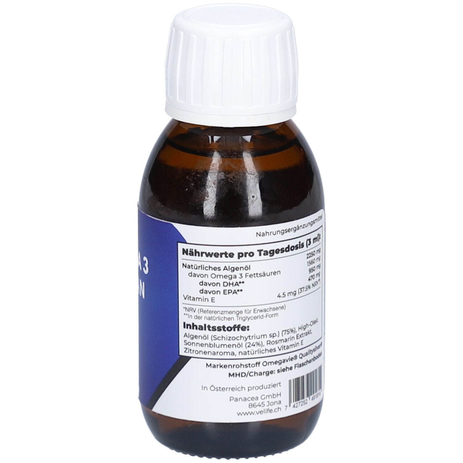 Braune Glasflasche mit weißem Deckel. Blaues Etikett mit Nährwertangaben und Inhaltsstoffen.