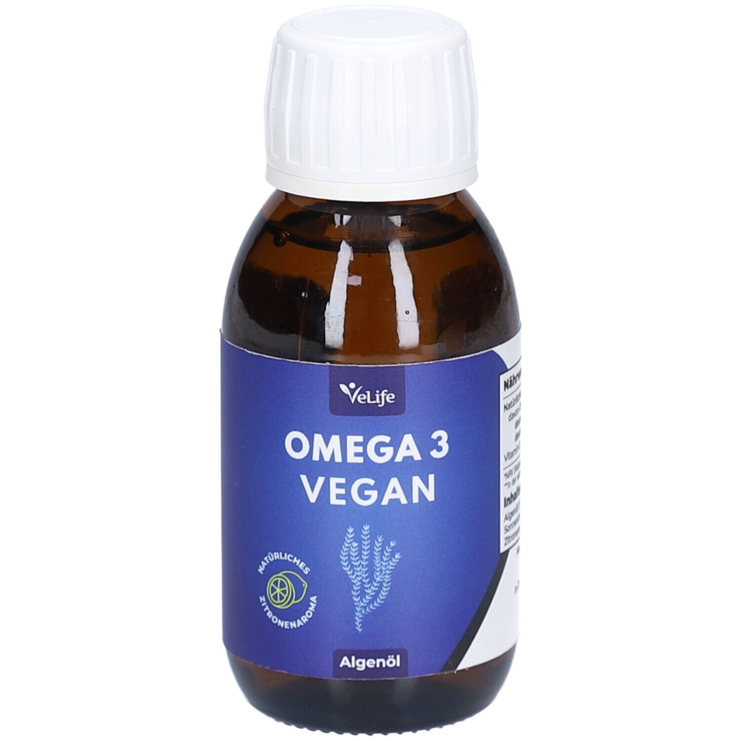 Braune Glasflasche mit weißem Deckel. Blaues Etikett mit "VeLife Omega 3 Vegan". Zitronenaroma.