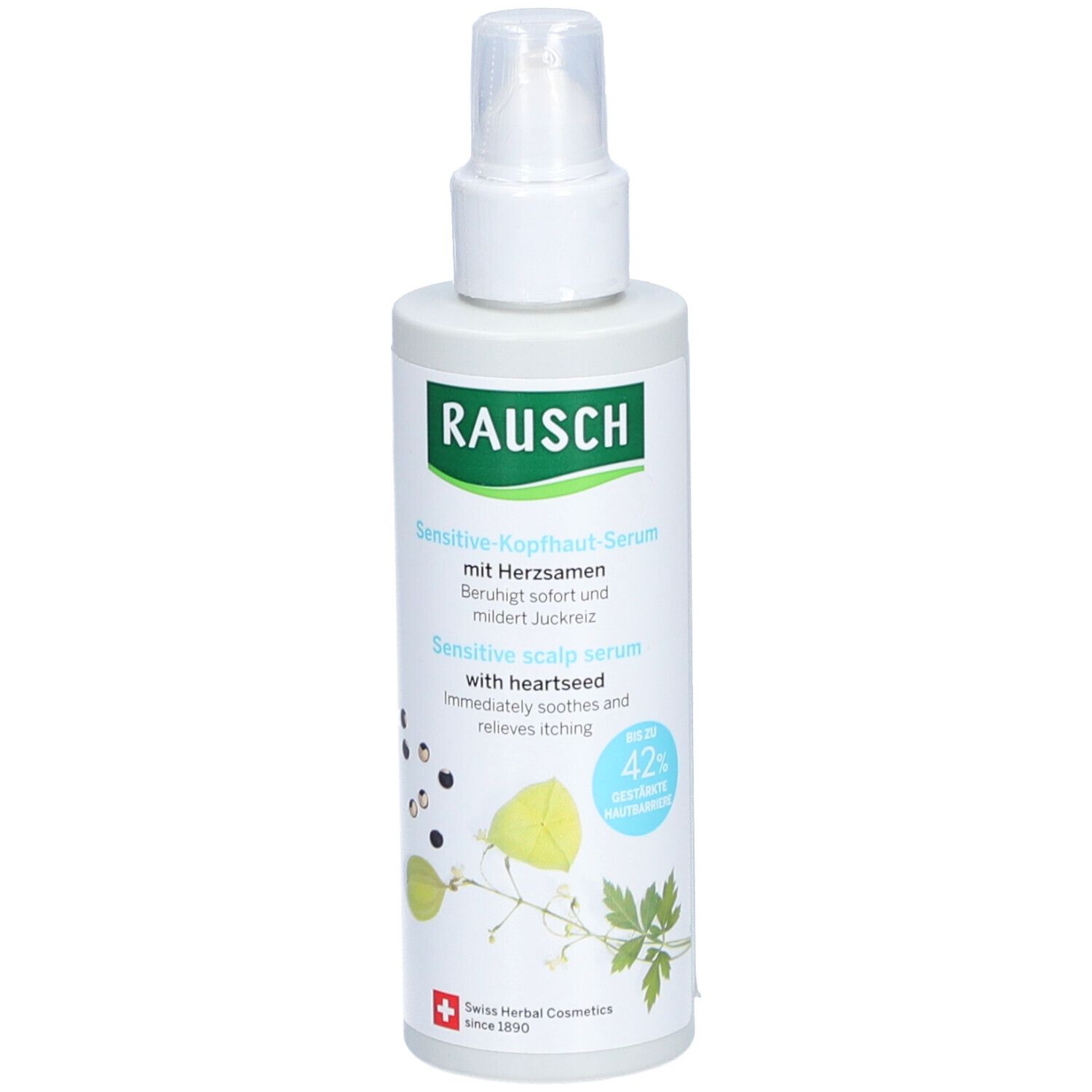 Weiß-grüne Flasche mit Sprühkopf. Beschriftung: RAUSCH, Sensitive-Kopfhaut-Serum mit Herzsamen. Schweizer Kräuterkosmetik.