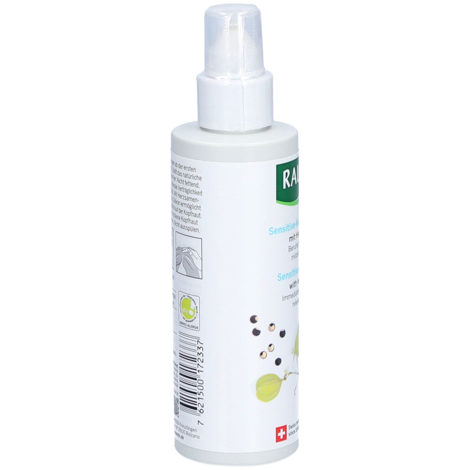 Weiße Flasche mit Sprühkopf. Rückseite mit Text und Logo. Grünes Logo mit Text. Schweizer Kräuterkosmetik. Recycling-Symbol.