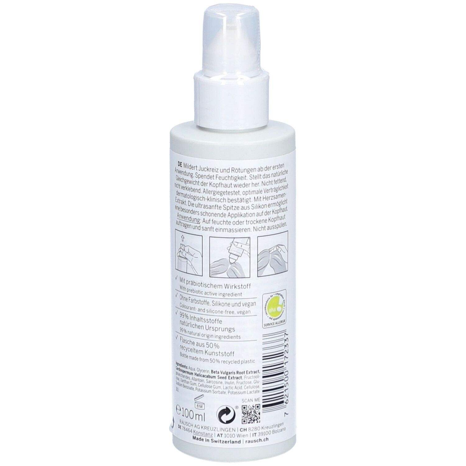 Weiße Flasche mit Sprühkopf. Rückseite mit Text. Text über Inhaltsstoffe und Anwendung. Recycling-Symbol. 100ml.