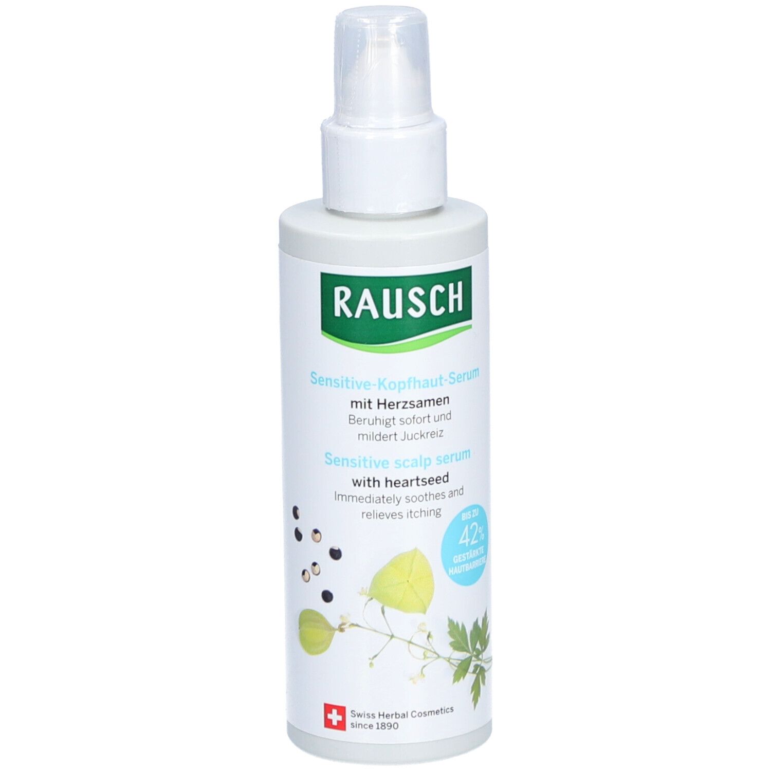 Weiß-grüne Flasche mit Sprühkopf. Beschriftung: RAUSCH, Sensitive-Kopfhaut-Serum mit Herzsamen. Schweizer Kräuterkosmetik.