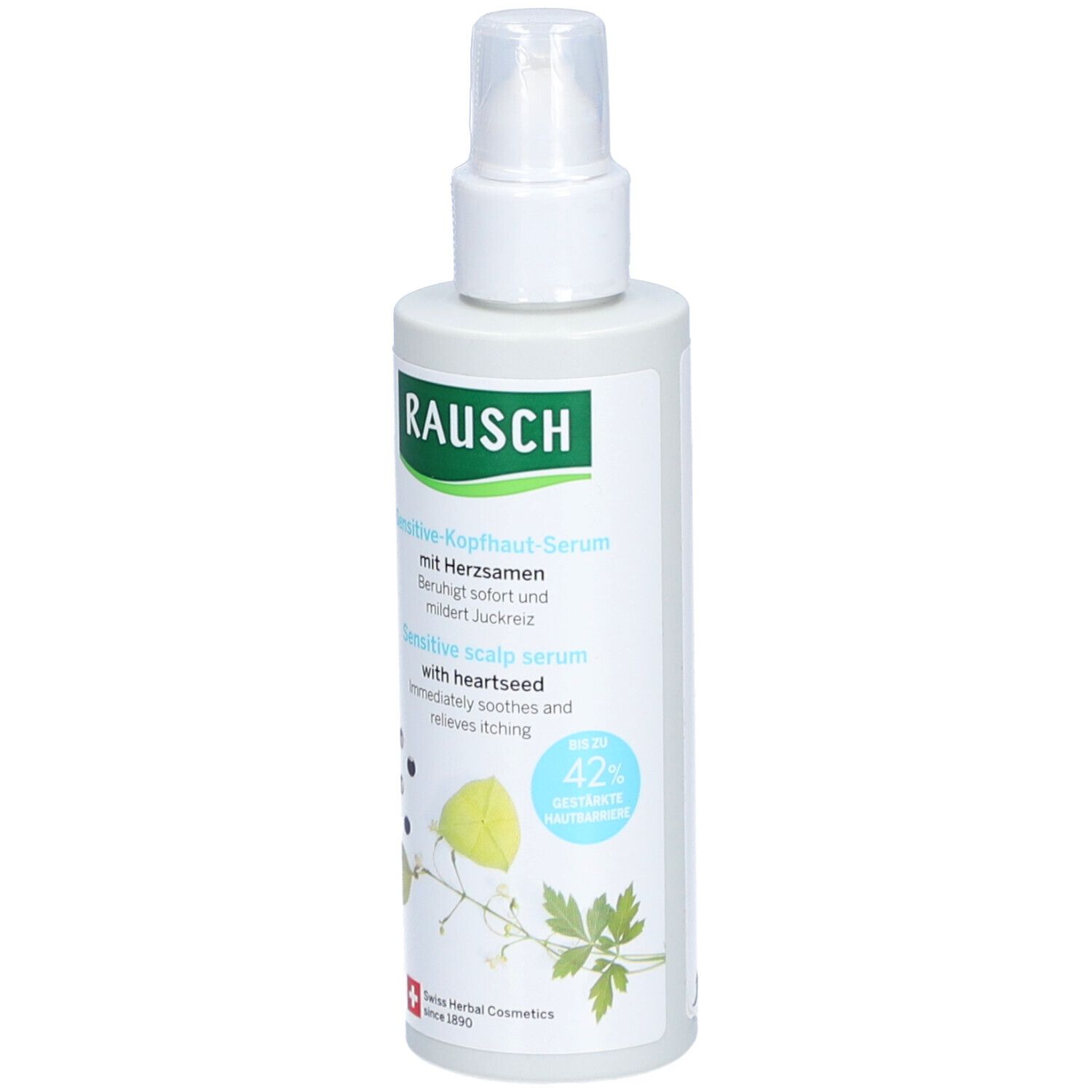 Weiß-grüne Flasche mit Sprühkopf. Beschriftung: RAUSCH, Sensitive-Kopfhaut-Serum mit Herzsamen. Schweizer Kräuterkosmetik.