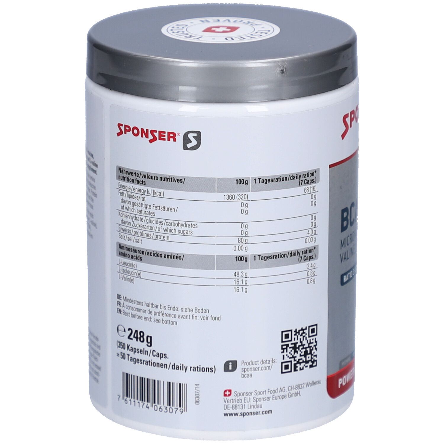 Rückseite des weißen SPONSER BCAA-Behälters. Enthält Nährwertangaben und QR-Code. Gewicht: 248g, 350 Kapseln.