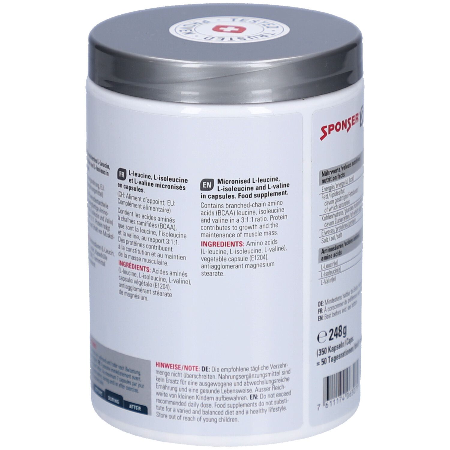 Rückseite des weißen SPONSER BCAA-Behälters. Enthält Informationen zu Inhaltsstoffen und Anwendung. Text in Deutsch und Englisch.