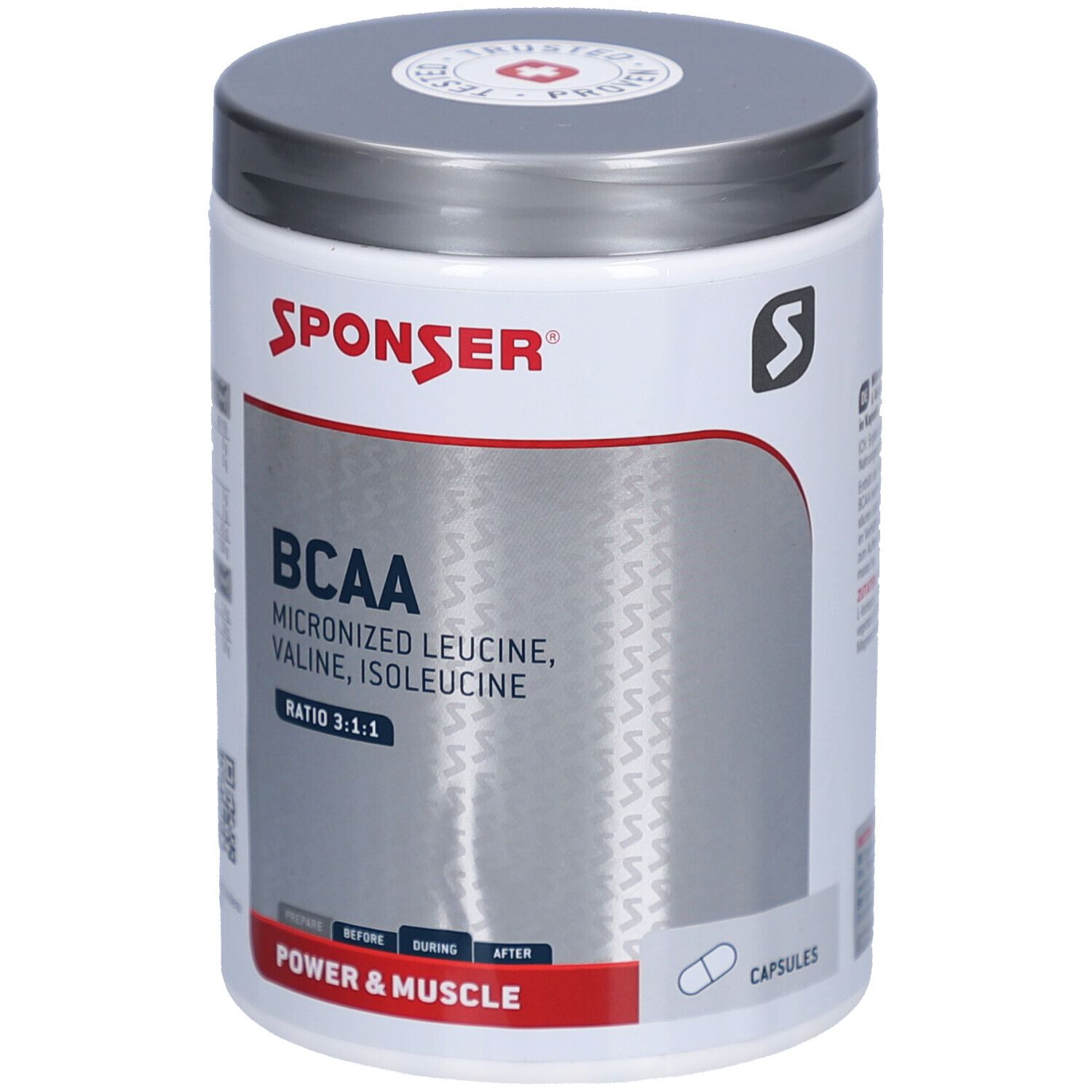 Weißer SPONSER BCAA-Behälter mit silbernem Deckel. Aufschrift: BCAA, micronisiertes Leucin, Valin, Isoleucin. Verhältnis 3:1:1. Kapseln.