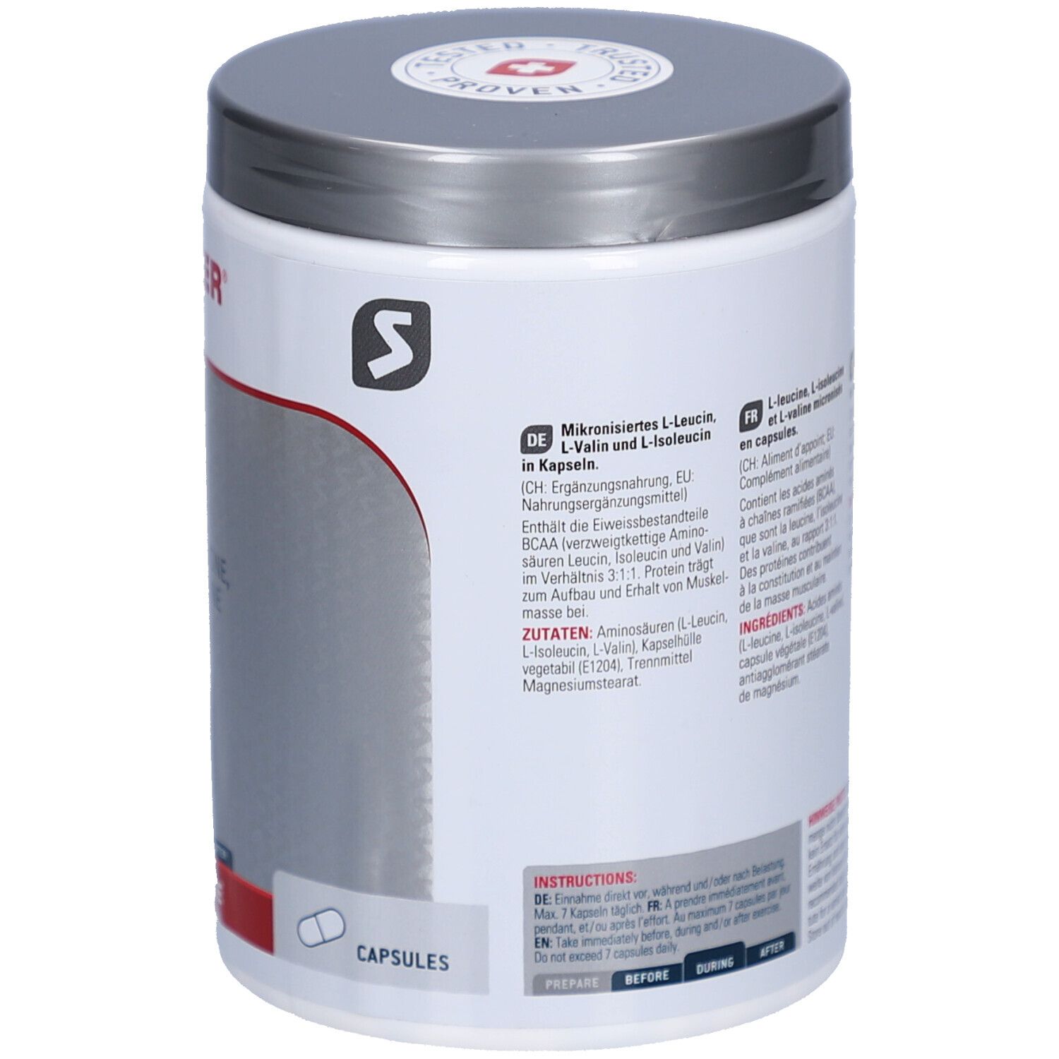 Rückseite des weißen SPONSER BCAA-Behälters. Enthält Informationen zu Inhaltsstoffen und Anwendung. Text in Deutsch und Englisch.