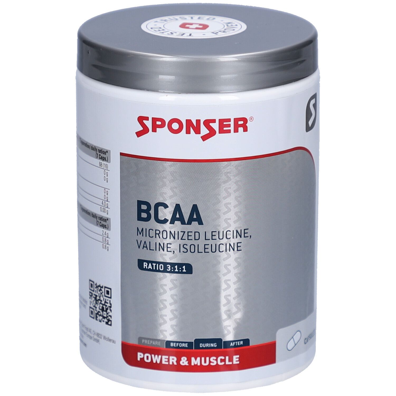 Weißer SPONSER BCAA-Behälter mit silbernem Deckel. Aufschrift: BCAA, micronisiertes Leucin, Valin, Isoleucin. Verhältnis 3:1:1. Kapseln.
