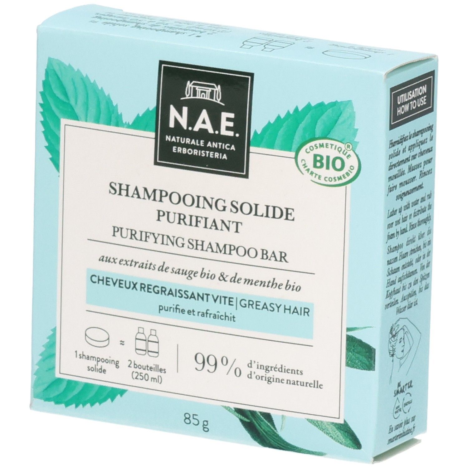 Verpackung für N.A.E. festes Reinigungsshampoo, 85g, mit Salbei- und Minzextrakten für fettiges Haar.